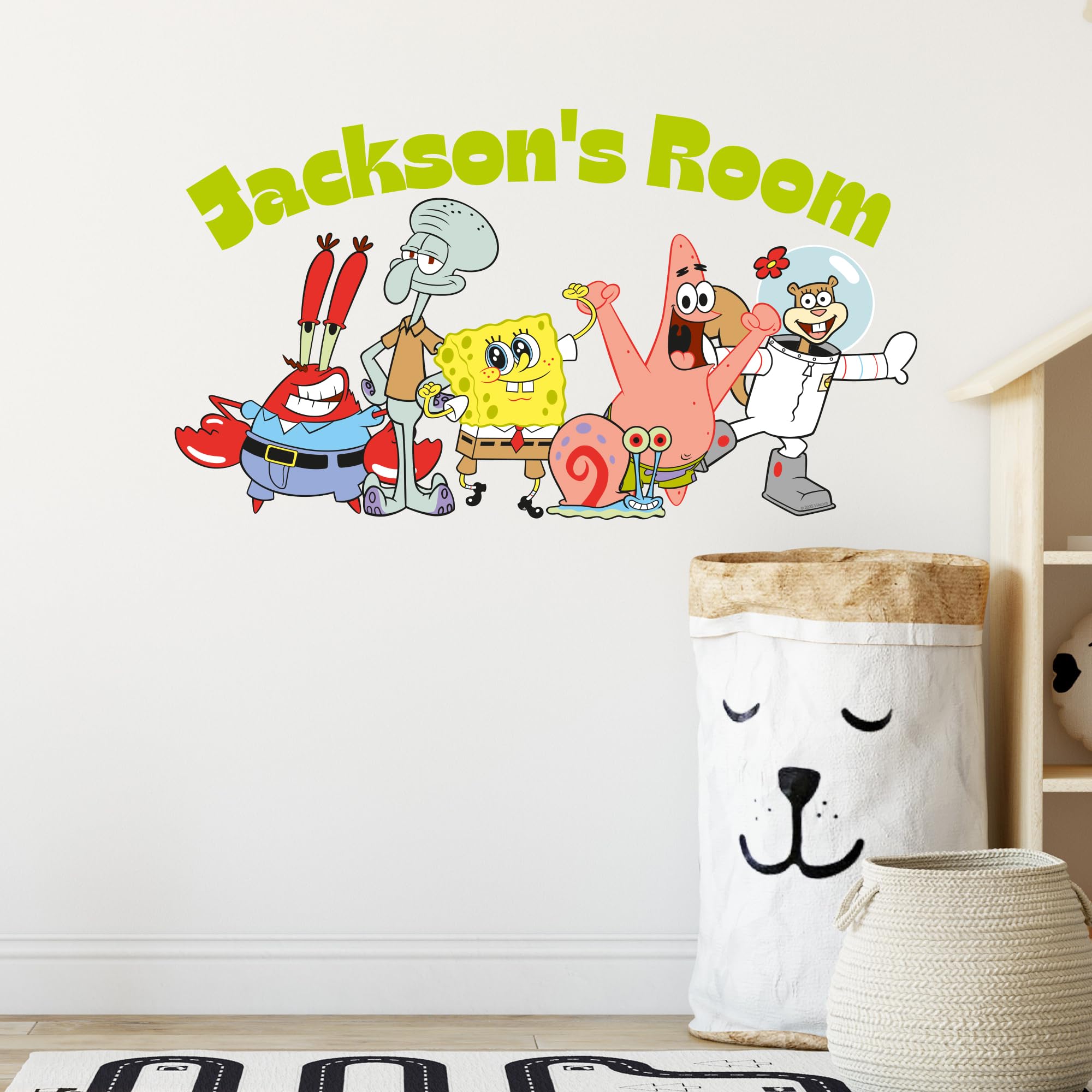 Themed Yellow Spongebob Wall Sticker - Group Smiling With Personalised Name Decal Wall Art (90Cm Width X 50Cm Height)