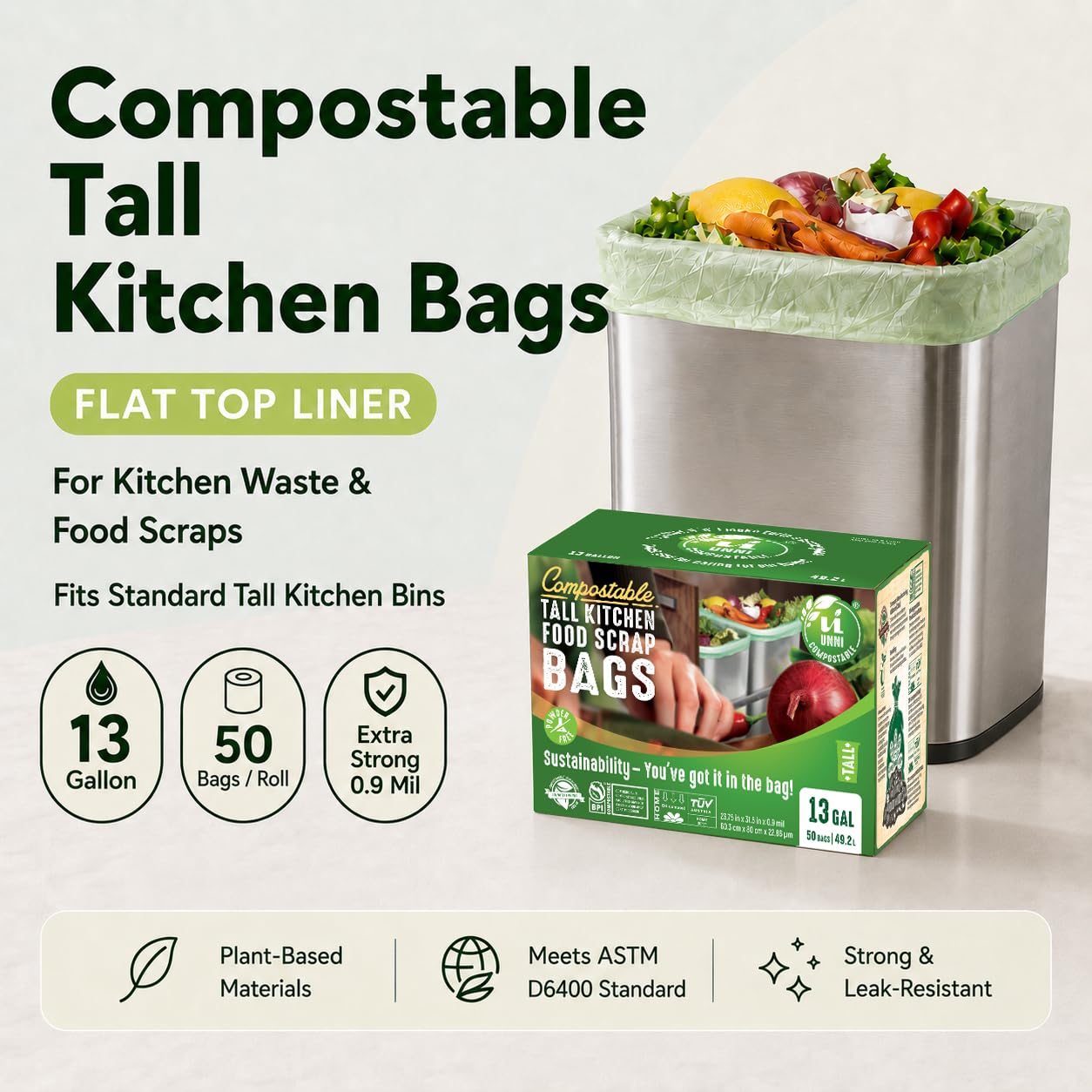 UNNI ASTM D6400 100% compostables Bolsas de Basura, 13 galones, 49,2 litros, 200 Conde, Pesado 0,85 milésimas de Pulgada, BPI Estados Unidos y Europa Ok Compost Home Certificados