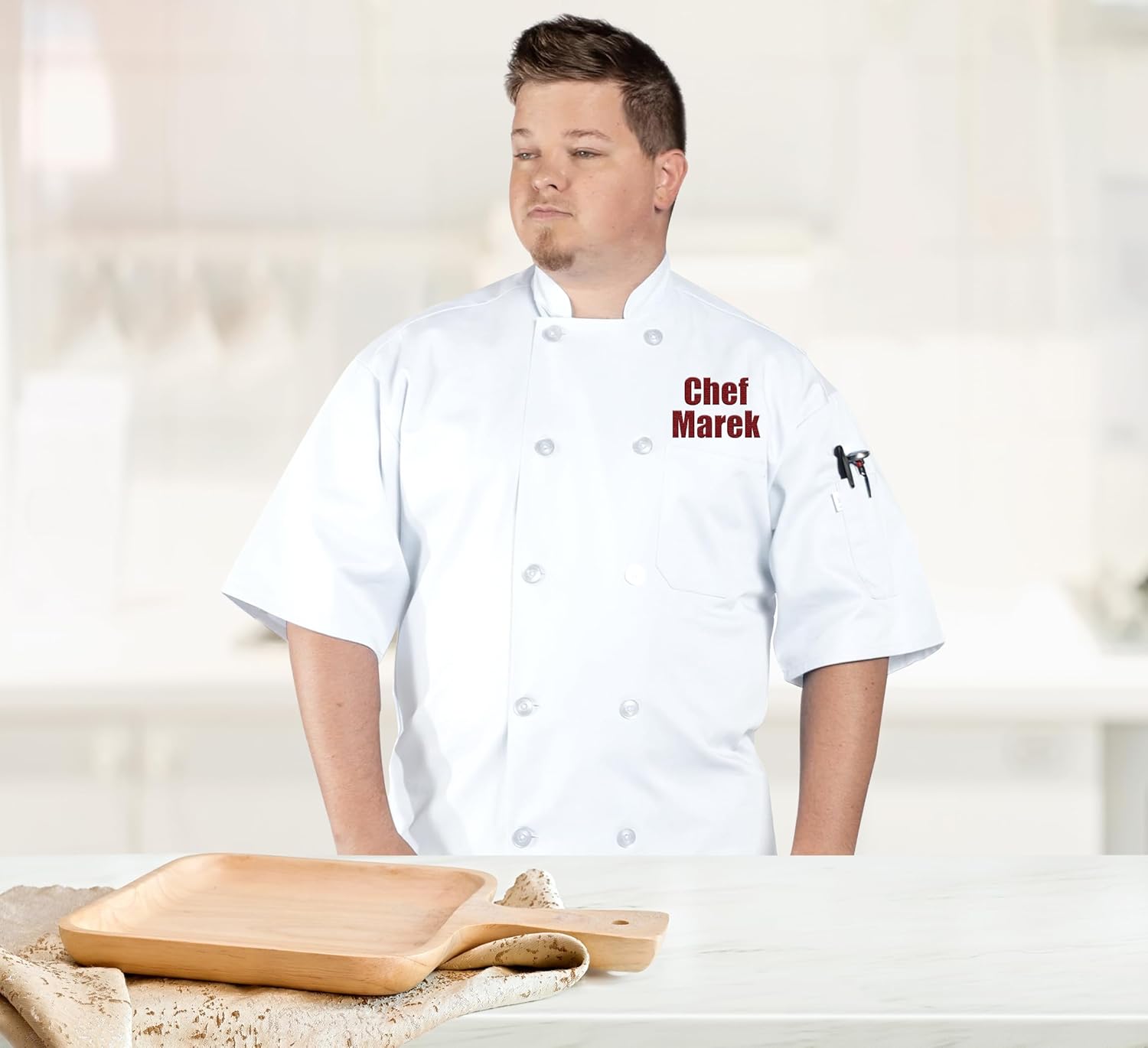 Custom Embroidered Chef Coat Text Name Logo Personalized Unisex Chef Jacket Short Sleeve White