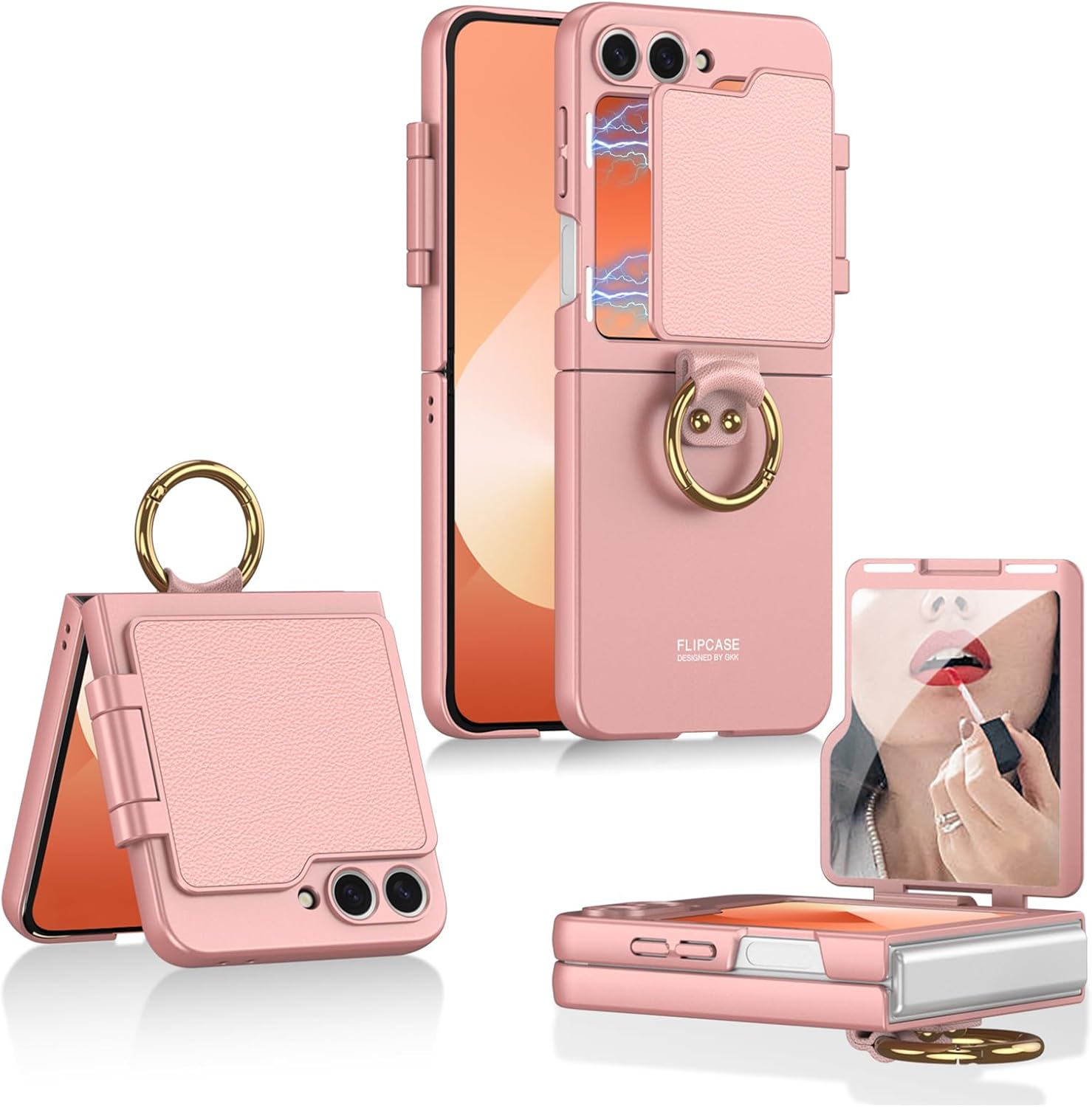 for Samsung Galaxy Z Flip 6 Case with Flip Mirror & Ring Stand, Wireless Charging Cover Drop-Proof Shockproof Shell for Samsung Z Flip 6 (Pink)