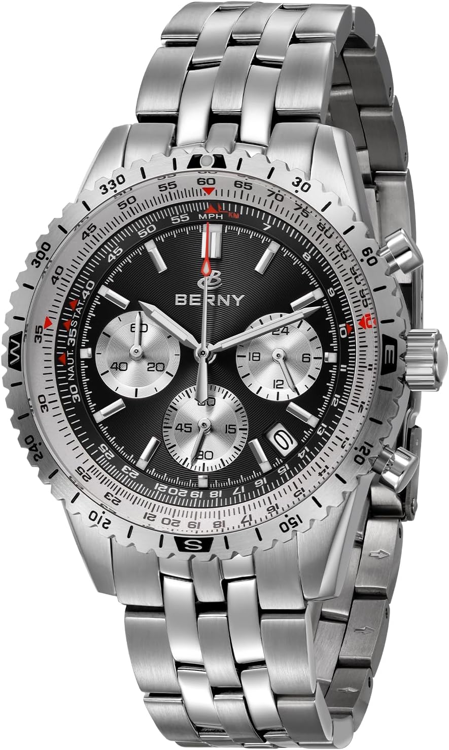 BERNY Chronograph Watch with Tachymeter Analog Quartz Watch for Men Sapphire Glass Men's Stopwatch for Sports All Stainless Steel Male Wristwatch with 3ATM Waterproof Date Calendar C3 Luminous