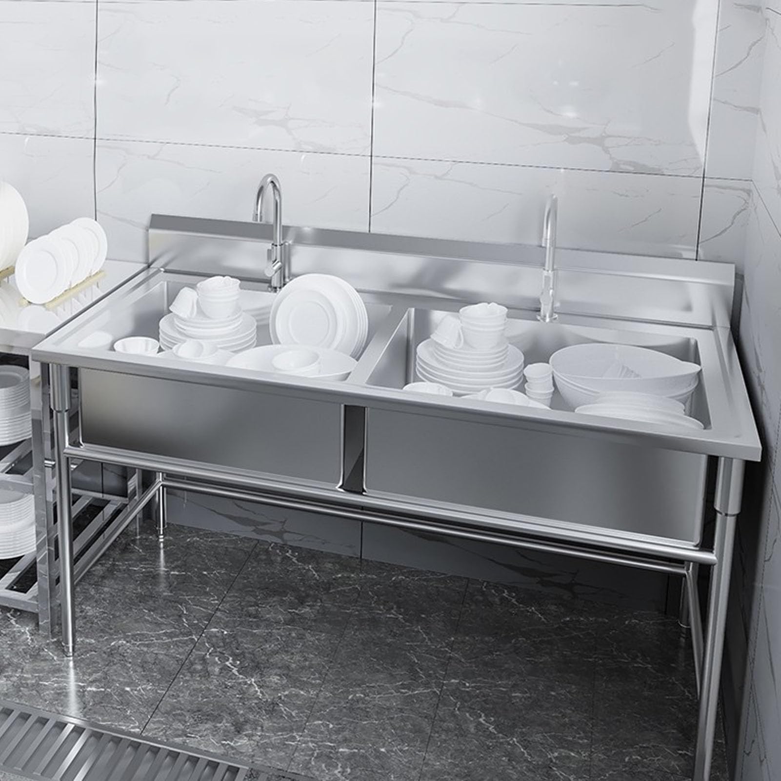 Lavello Autoportante in Acciaio Inox 2 Vasche, Lavandino da Esterno con Filtro per Rifiuti, Kit di Scarico, Lavello Professionale per Cucina, Garage, Lavanderia, Ristorante