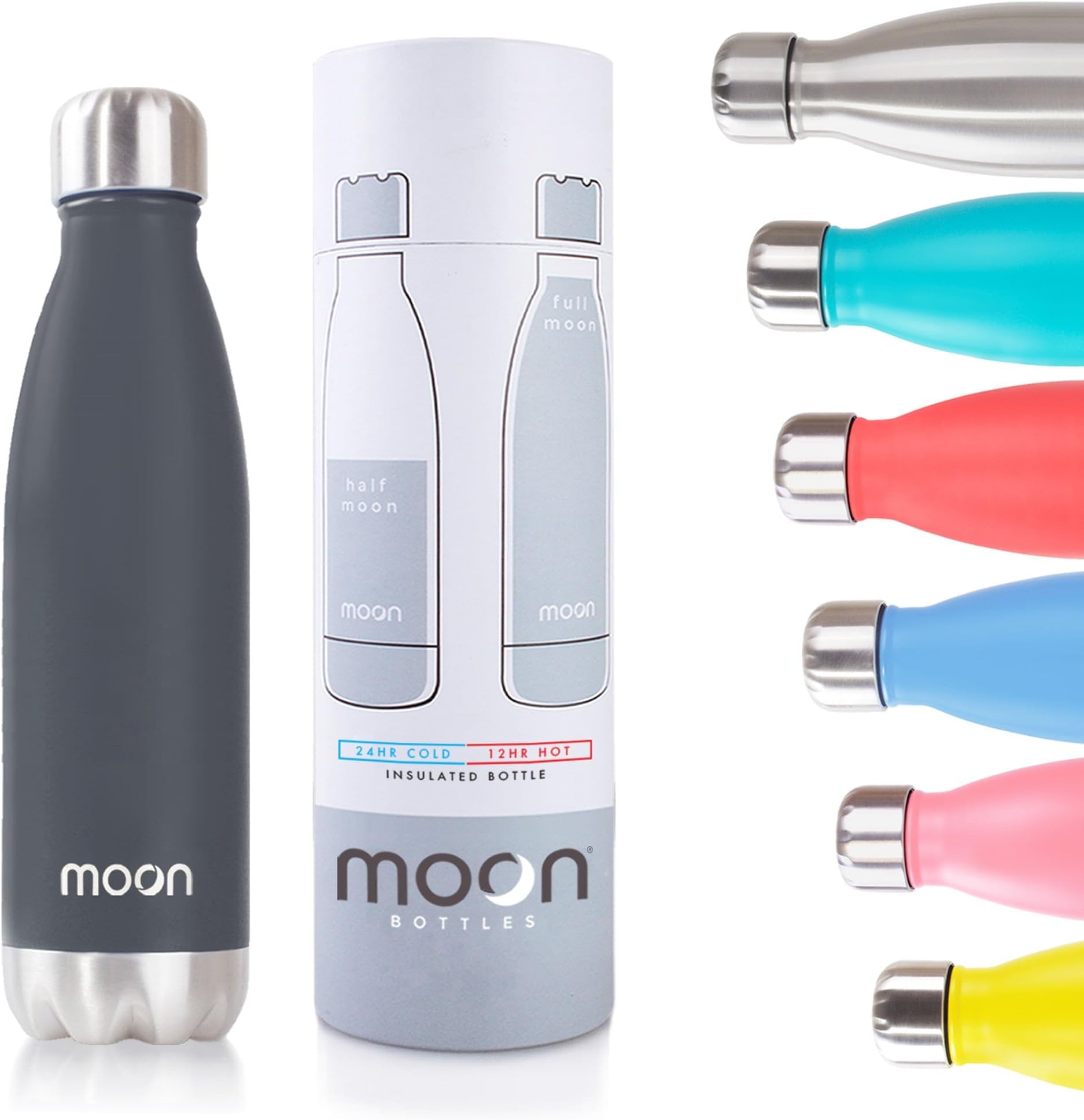 moon bottlesCarbon Neutral Stainless Steel Metal Water Bottle & Vacuum Flask - 24 Hrs Cold & 12 Hot - Insulated Drinks Bottles, Double Walled Reusable Drink Flasks, Leakproof (500ml, Matte Black)