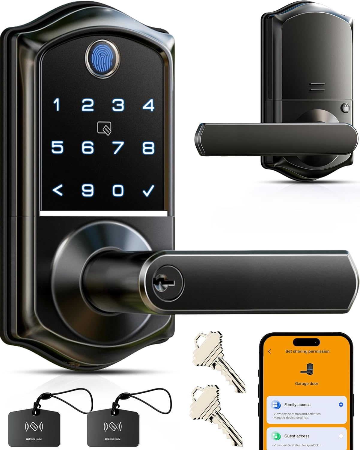 Veise VE019 Fingerprint Smart Lever Lock – APP Control, Keypad Door Lock with Handle, Keyless Entry for Front Door and Bedroom, Electronic Digital Knob, Remote Grant, IP55 Weatherproof, Matte Black