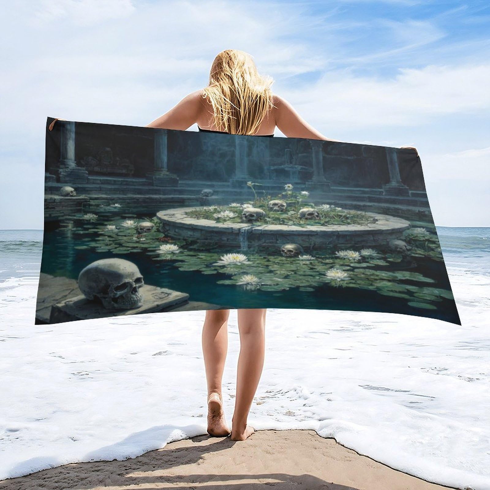 Luyysky Retro Abstract Castle Skull Quick-Drying Beach Towel, Gothic Watercolor Castle Skeleton Plant Lotus Floral Green Leaves Travel Vacation Single Sided Pile Bathroom Towels-80 W Cm X 160" L Cm