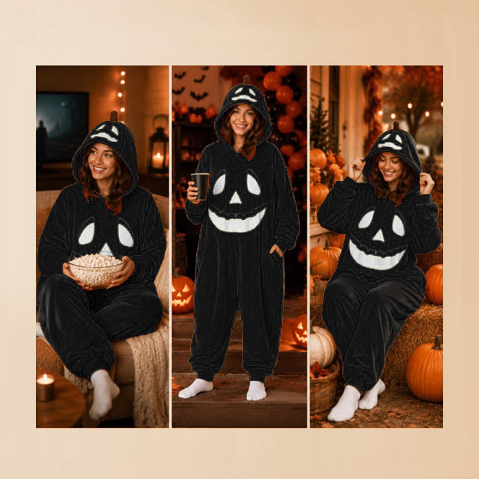 Generisch Pigiama intero in peluche per Halloween, unisex, oversize, con cappuccio, per cosplay, pigiama da notte morbido e caldo, tuta casual per uomo e donna