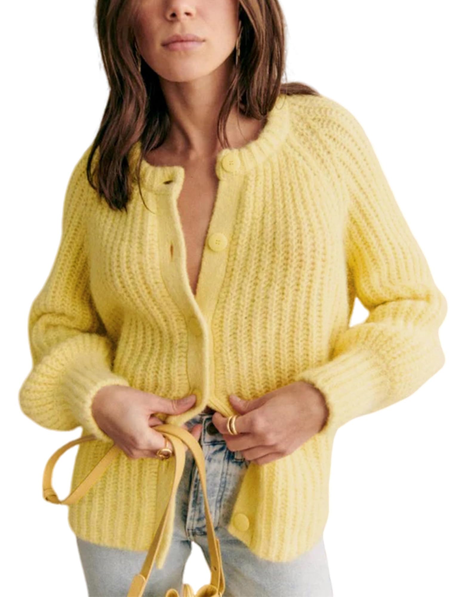 Capispalla in Maglia Cardigan abbottonata Girocollo a Maniche Lunghe Casual da Donna(Yellow,XL)