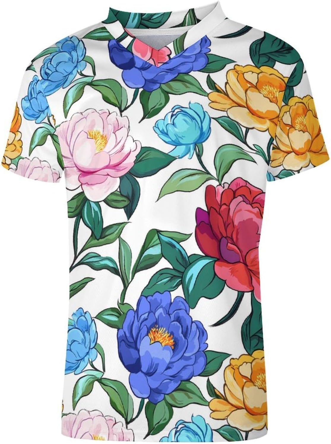 Peony-Flower Mens V Neck Soccer Jersey Quick Dry Breathable Short Sleeve T Shirt Sports Football Tops 6X-Large