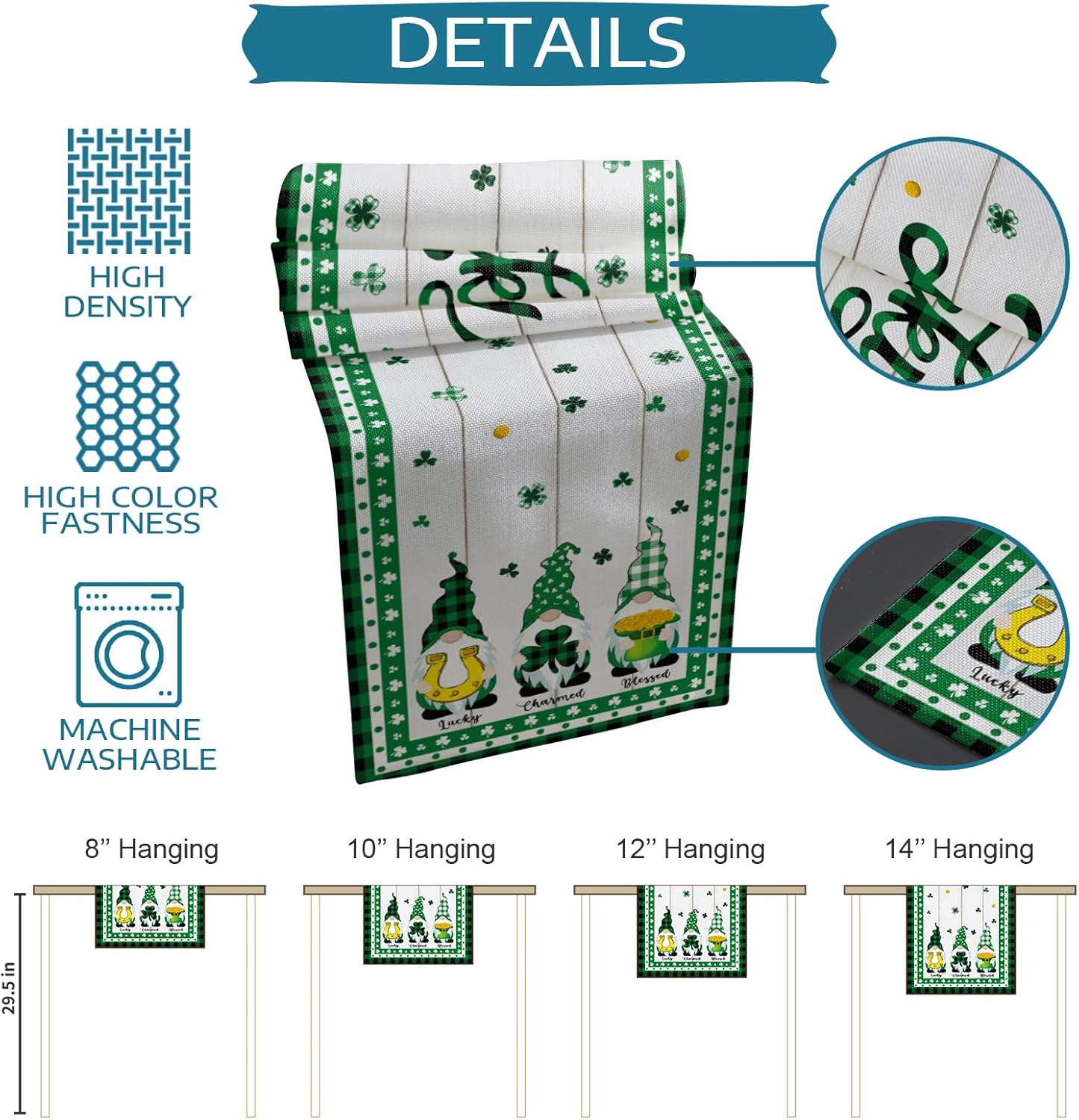 St. Patrick's Day Gnome Table Runners 13x120 Inches Long Washable St. Patty's Day Clover Green Buffalo Wooden Plank Table Runner for Round Table Kitchen Coffee Dining End Table Living Room Use