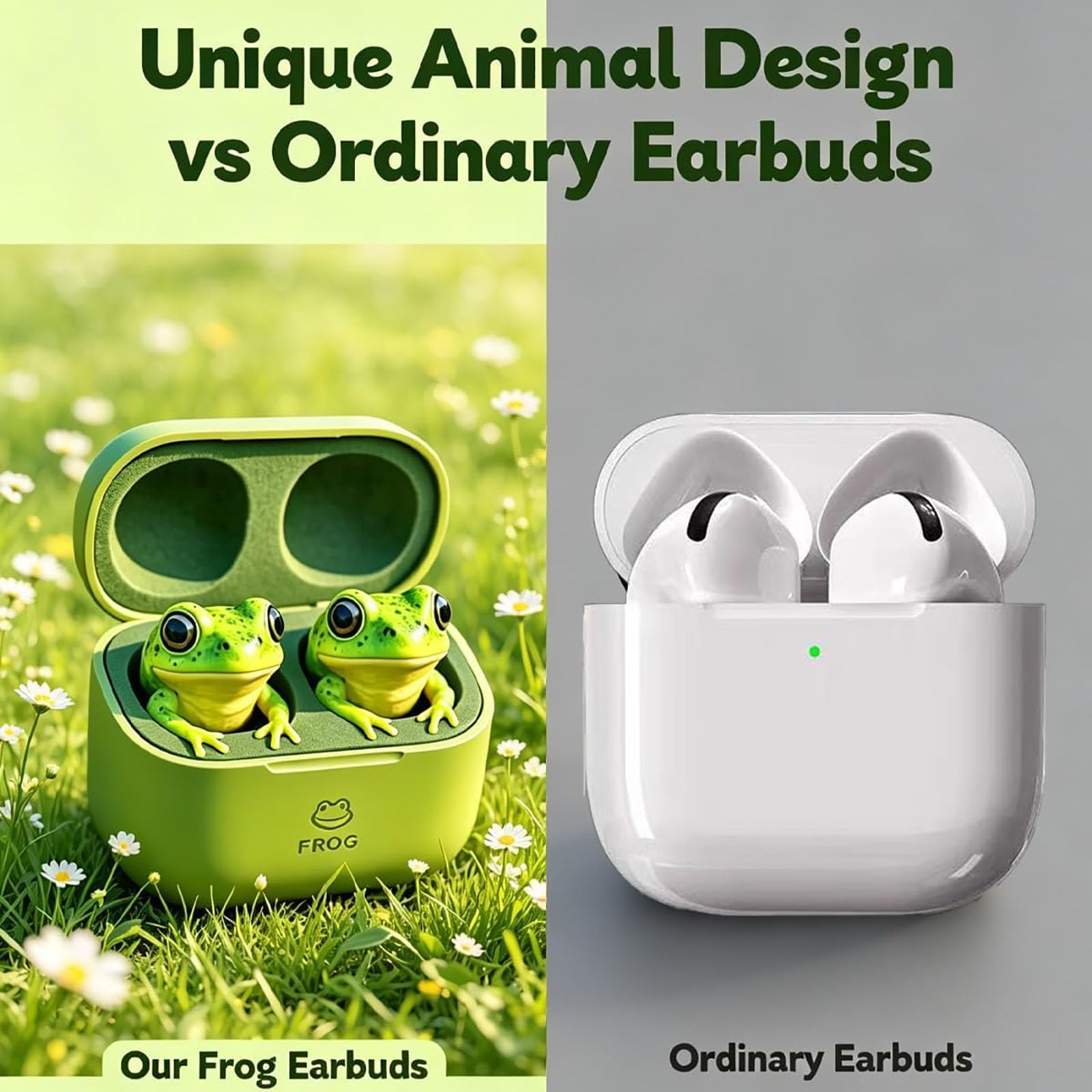 Frog Earbuds Wireless Bluetooth, Cute Animal Shaped Bluetooth Earbuds with Charging Case, Wireless in Ear Headphones, Deep Bass, Noise Reduction, IPX4 Waterproof, Gift for Kid & Adult (Frog) — view 6