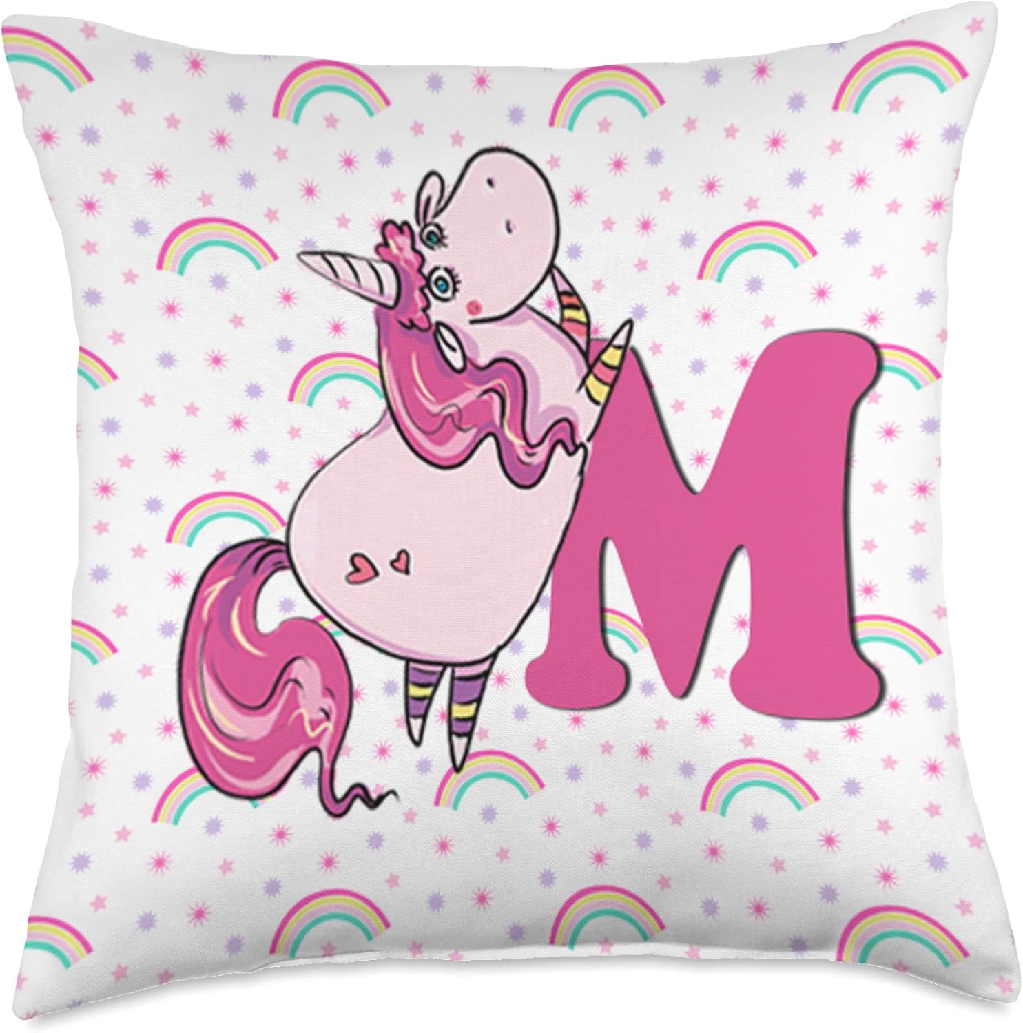Unicorn Letter M Rainbow Monogram "M" Initial Girls Gift Throw Pillow