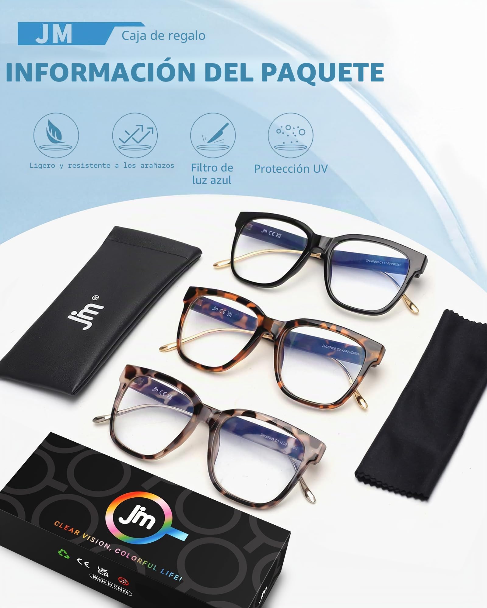 JM 3 Pack Clásicas Gafas de Lectura para Mujer Gafas Presbicia Grandes | Bloqueo de Luz Azul, Patillas Metálicas de Moda para Gafas, Bisagras de Resorte