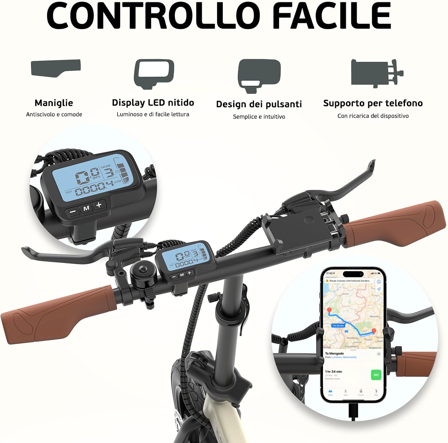 Close-up of the ESKUTE F200 handlebar showing the LED display, control buttons, ergonomic grips, and a phone holder with charging function.