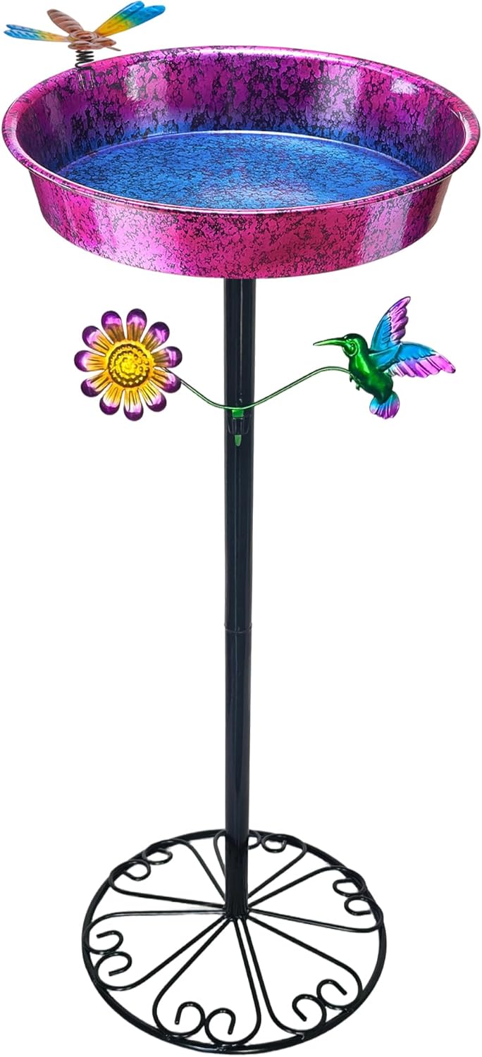 Pedestal Bird Bath for Outdoors - Metallic Purple & Blue 11.5” Metal Birdbath Bowl & Feeder Freestanding Garden Decor Yard Art (26” Tall, 0.7 Gallon)
