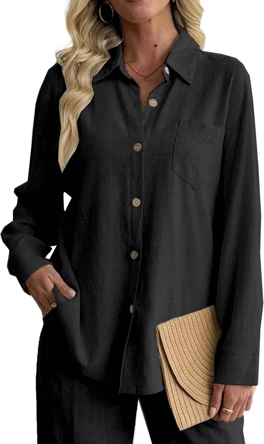 heipeiwa Women's Linen Button Down Shirts Long Sleeve Casual Loose Collared Blouses Summer Vacation Tunic Tops