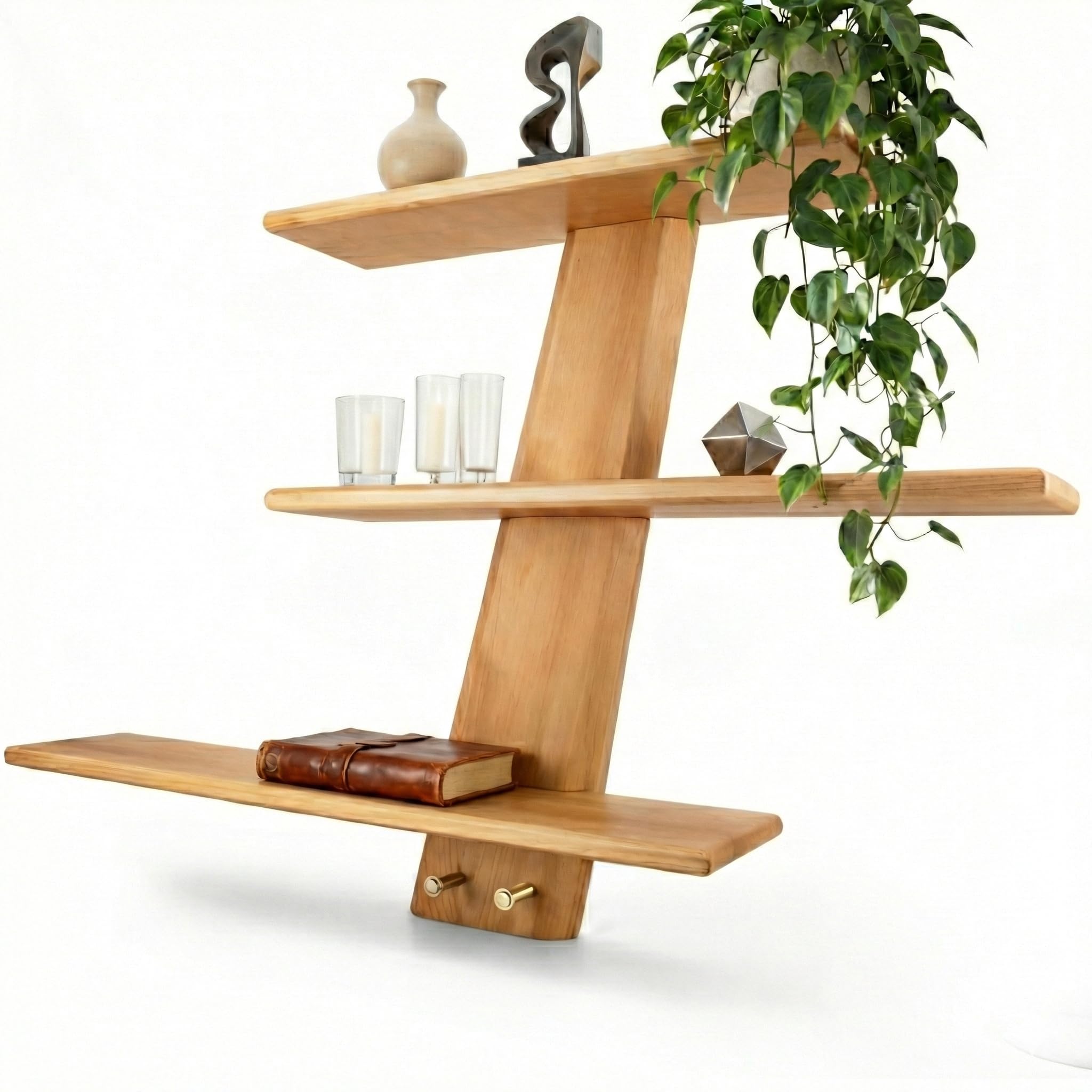 Luce Estantería Pared Madera Pino Maciza (58x58cm) | Incluye Nivel | Balda Flotante Modular con Ganchos Latón para Recibidor y Baño | Estructura Robusta para Libros y Decoración
