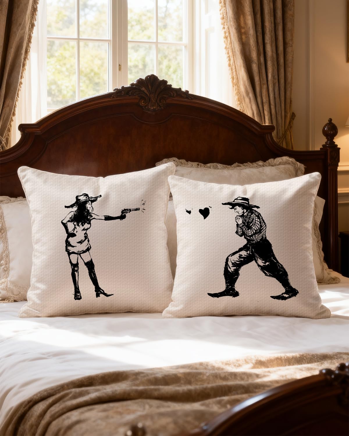 Western Throw Pillow Cover 18×18 Set of 2 – Cowgirl & Cowboy Love Sketch Prints, Rustic Farmhouse Couple Decor for Couch, Sofa & Bed - Image 4