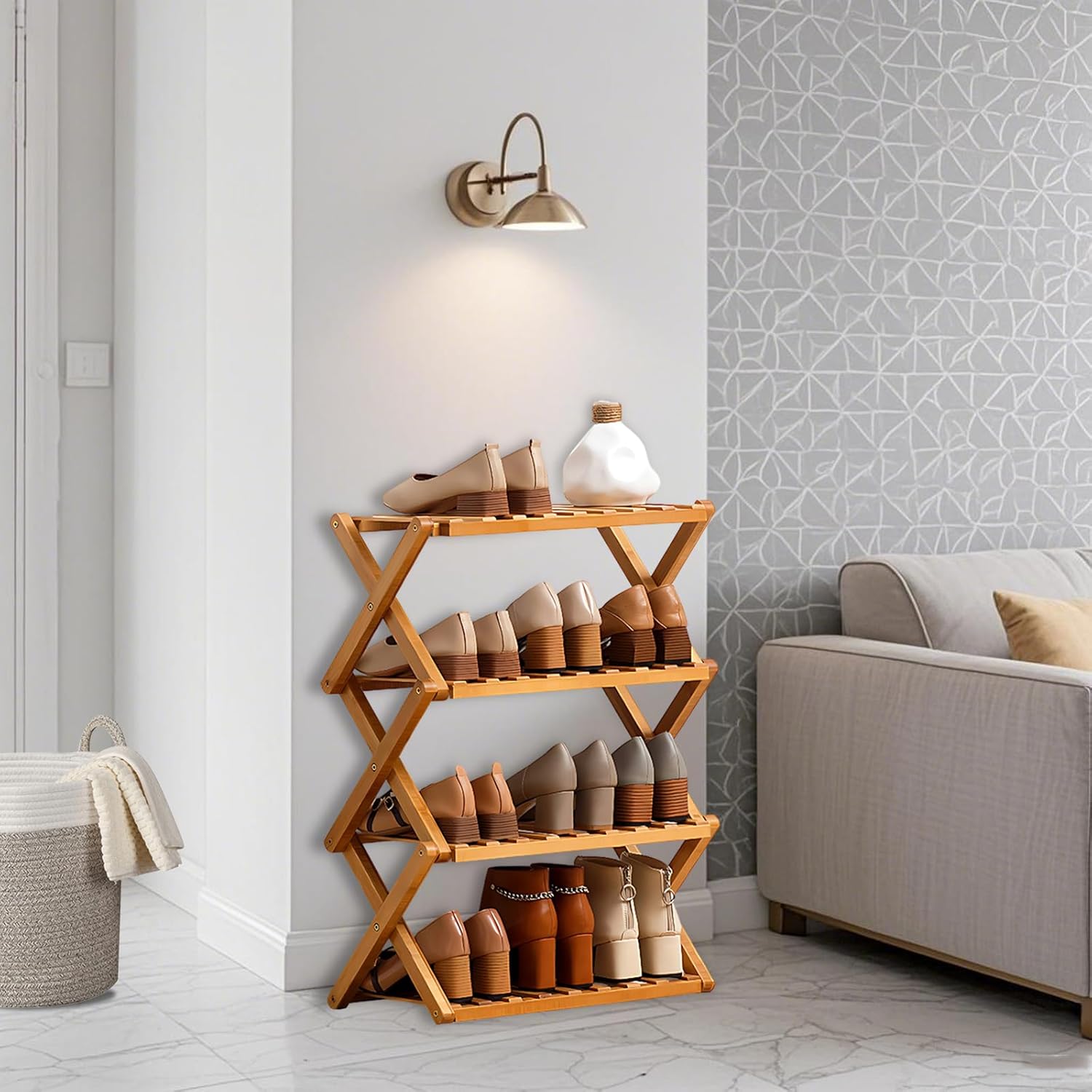 Jessie Bamboo Shoe Rack,Free Standing Shoe Rack for Closet,Portable Folding Shoe Storage Rack, Space Saving,Shoe Shelf for Bedroom Entryway Hallway Closet Living Room (Primary-5 Tier)