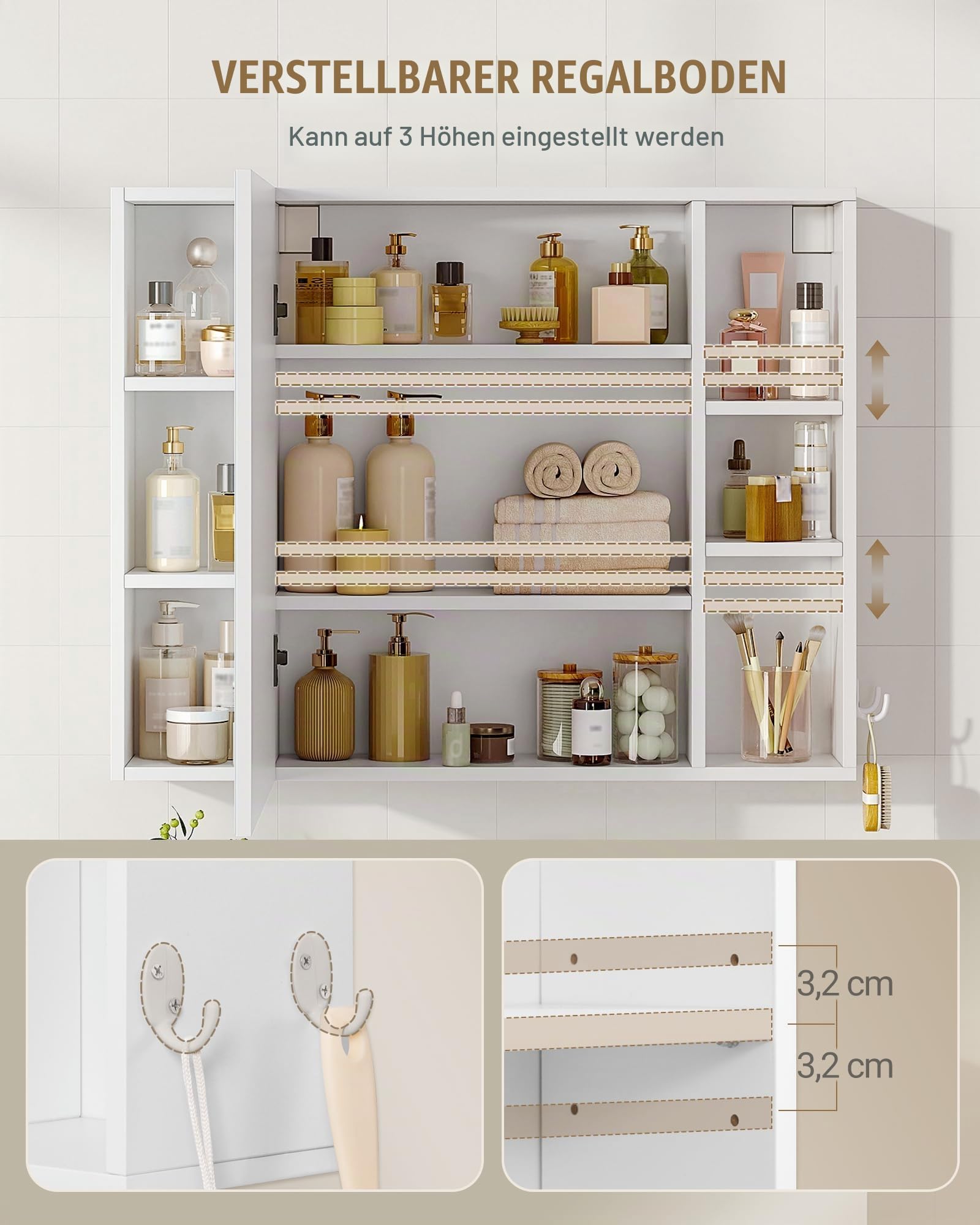 Hzuaneri Spiegelschrank, Badezimmer Spiegelschrank, Wandschrank | Hängeschrank mit Spiegeltüren und offenem Fach, Verstellbare Ablage, Flexibel Montierbar 16,5 x 80 x 65 cm, Weiß, MC23303X