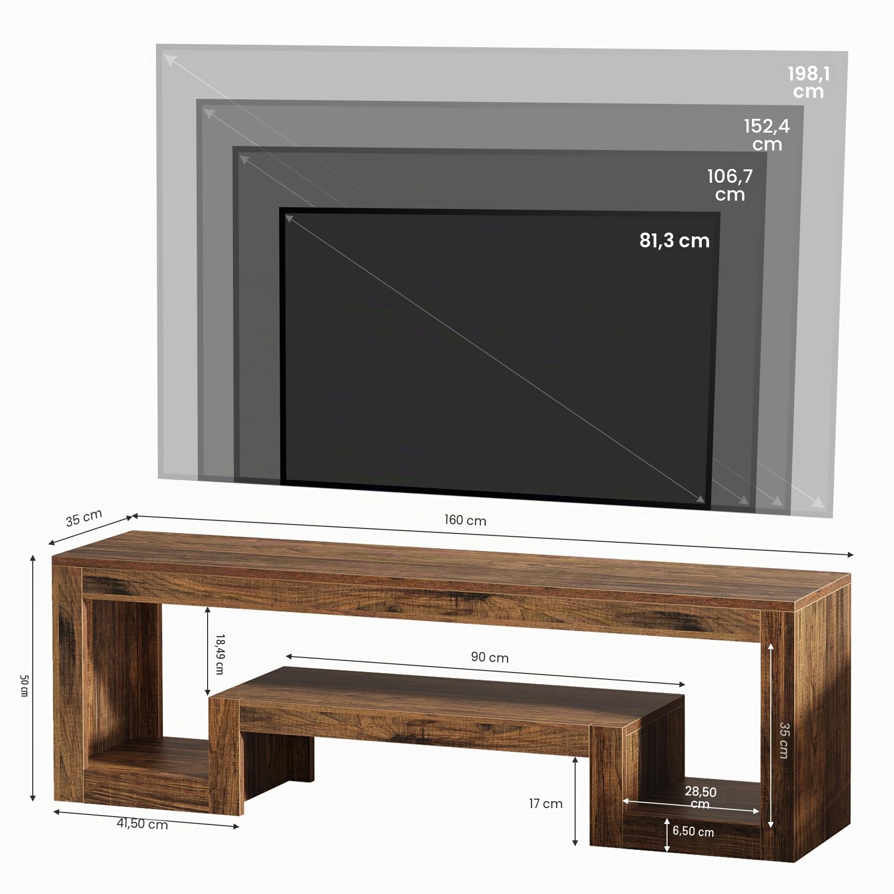 Tribesigns Mueble de TV, Mesa de TV de hasta 65 Pulgadas, 160 cm para Salón, Dormitorio, Estante Abierto, Marrón Rústico