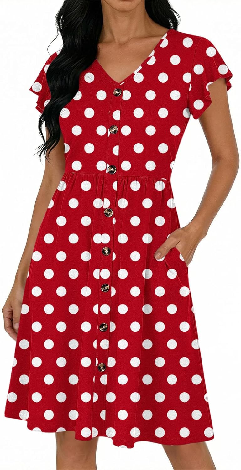 Women's Polka Dot Midi Dress V Neck Button Down Elastic Waist Dresses Fashion Cute A Line Dresses 2026