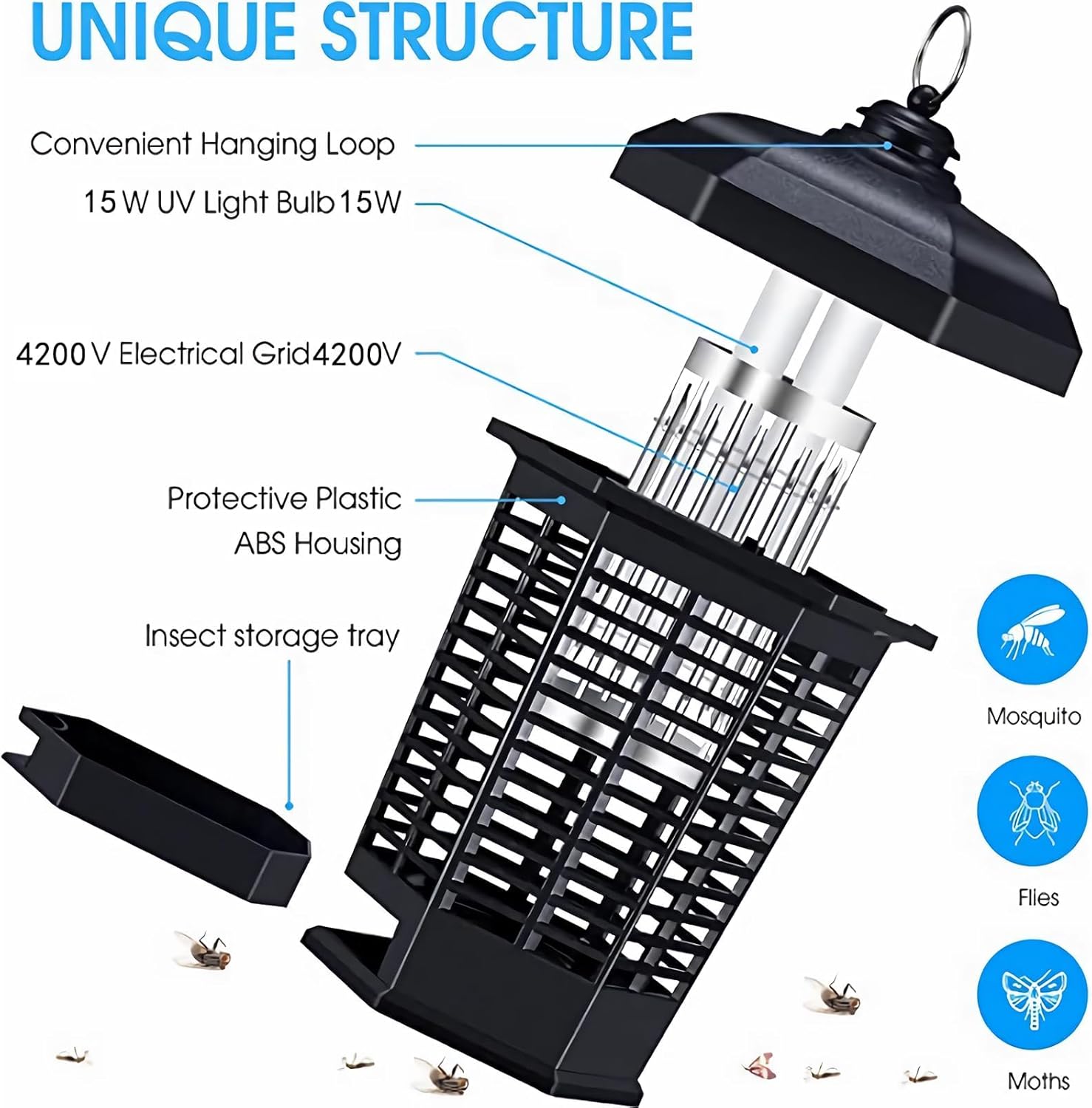 Bug Zapper Outdoor & Indoor, 4200V Electric Mosquito Killer with 15W Attracting Lamp, Waterproof Insect Trap for Yard, Home, Balcony & Garden