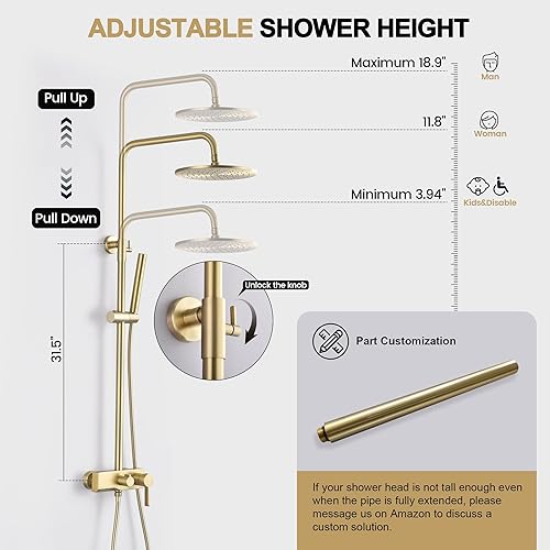 Miniatura 6 de CHALIRS Sistema de ducha expuesto de oro cepillado con 2 modos de mano, 3 funciones de grifo de ducha con válvula de latón, accesorio de ducha con
