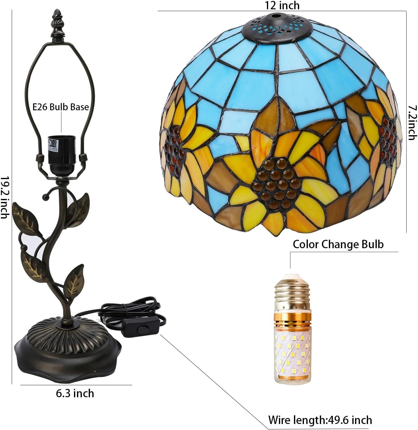 Stained Glass Table Lamp, Adjustable 3 Color Temperature, Sunflower Style Lampshade & Metal Leaf Base Desk Reading Light 12X12X19 Inches Decor for Bedroom Living Room Office