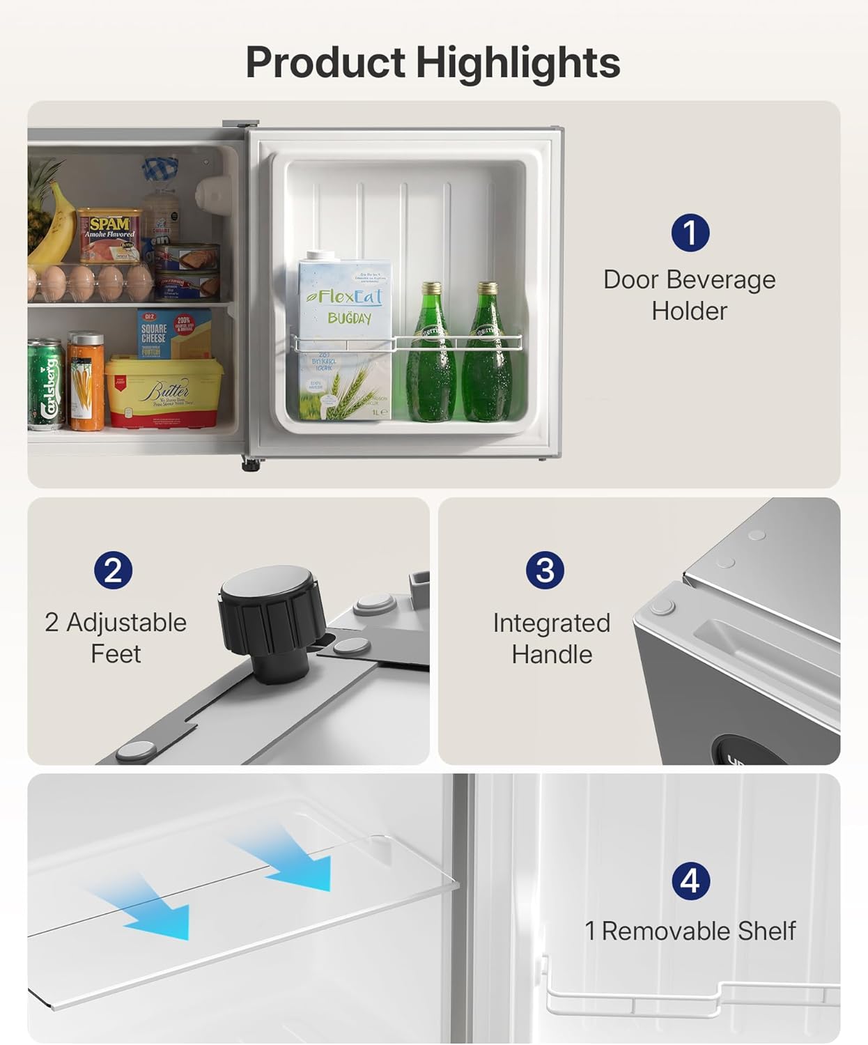 Upstreman 1.5 Cu.Ft All-Refrigerator Mini Fridge, Single Door Small Refrigerator, Dorm Fridge with 7 Adjustable Thermostat, Compact Refrigerator for Office, Bedroom or Dorm, Silver-CR16