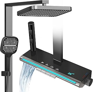 Duscharmatur Komplettset mit Temperatur LED-Display, Duschsystem Schwarz inkl. LED-Beleuchtung, 32 X 22 CM Kopfbrause und Duscharmatur mit 3 Funktion Handbrause und 1.5m Brauseschlauch