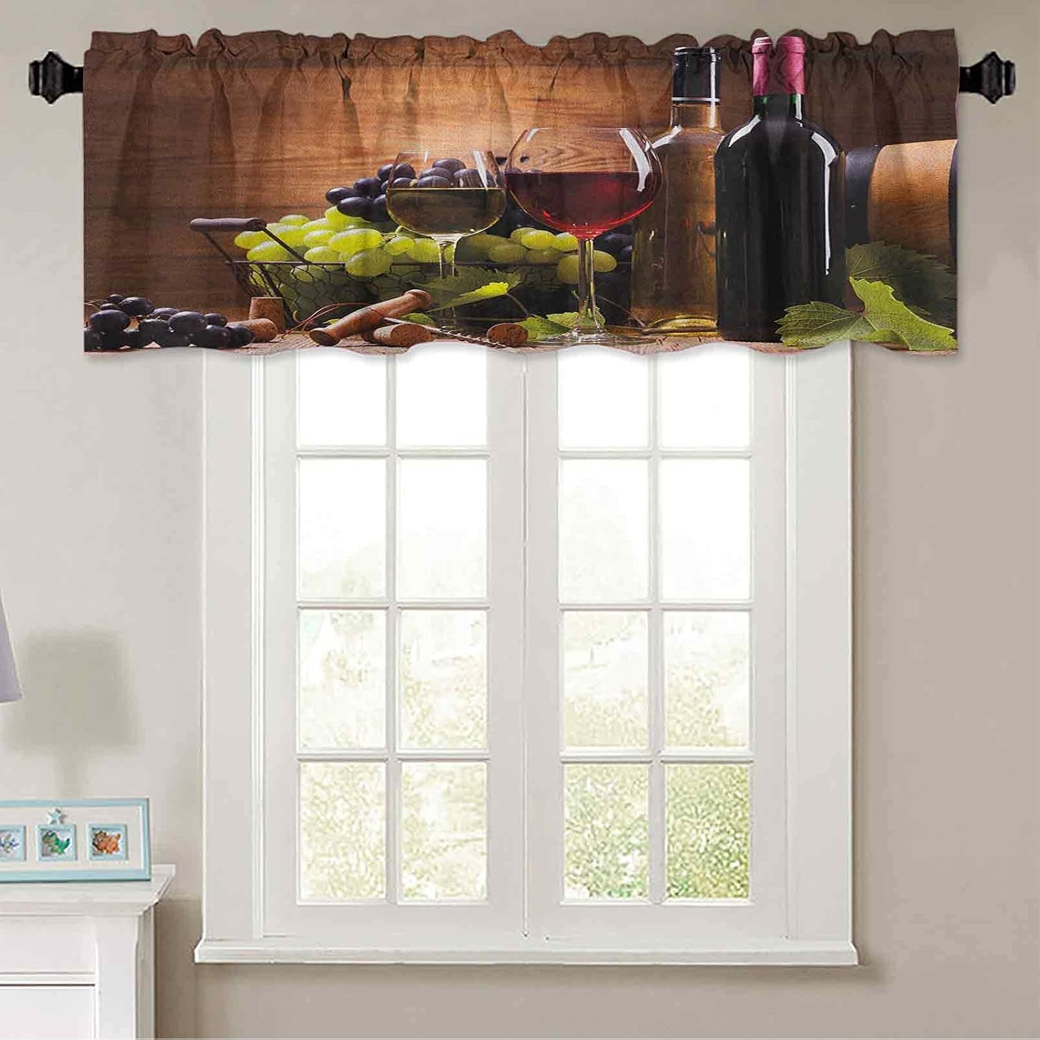 Print Farmhouse Valance, 50" W x 18" L Glasses of Red and White Wine Served with Grapes French Gourmet Tasting L Window Curtains for Kitchen and Bathroom Brown Ruby Pale Green