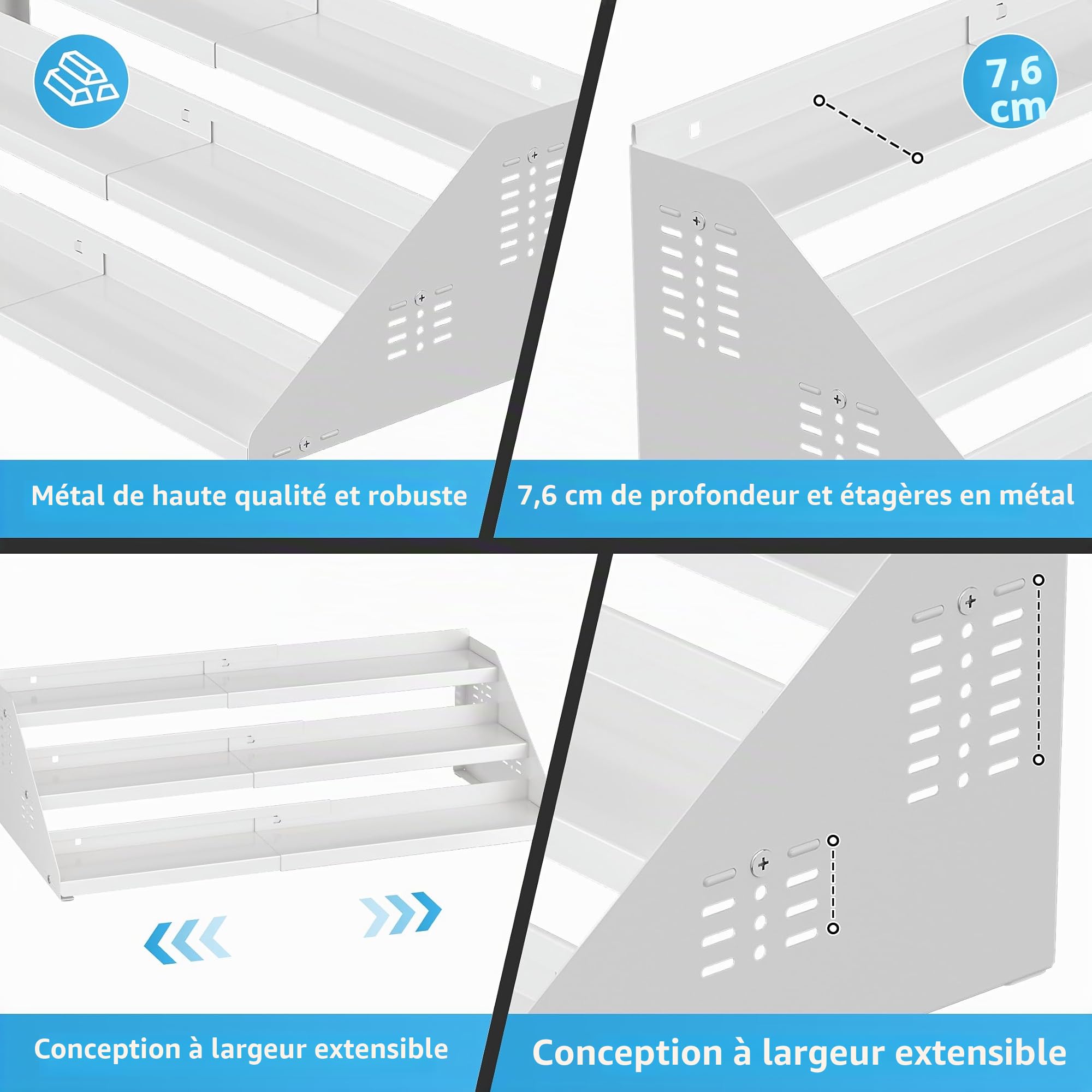 Étagère à épices extensible à 3 niveaux pour armoire, largeur extensible et réglable, organisateur d'assaisonnement pour armoire, comptoir, garde-manger, Blanc