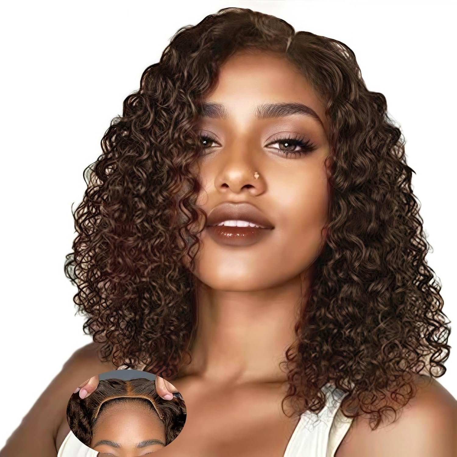 Bob Wig Human Hair Glueless Wigs Human Hair Pre Plucked Pre Cut Water Wave light Brown Lace Front Wig for Women Curly Wig Human Hair Wear and Go Colored Pre Plucked HD Lace 14Inch
