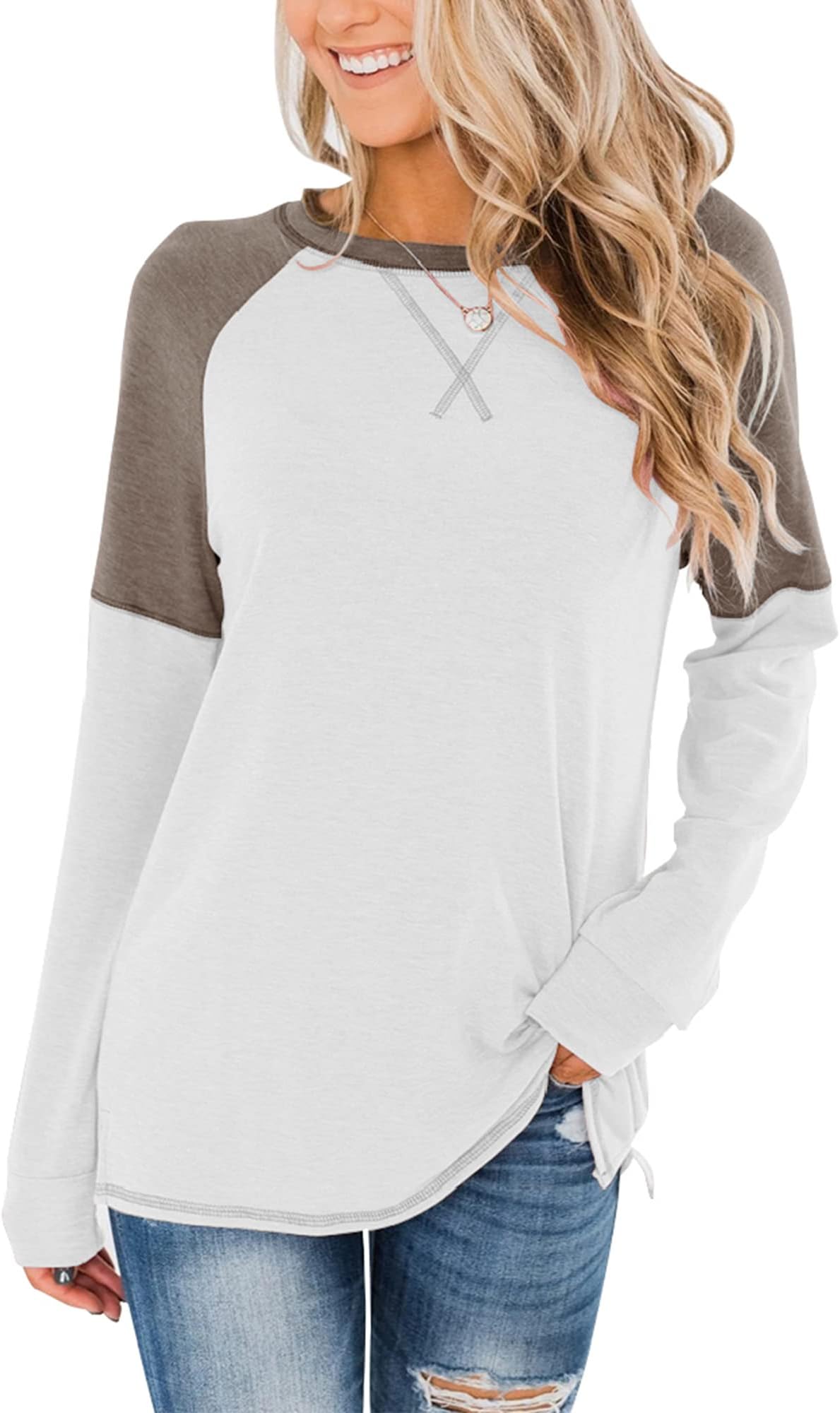 BingerlilyWomen's Casual Long Sleeve Tunic Tops Crew Neck Color Block Blouse