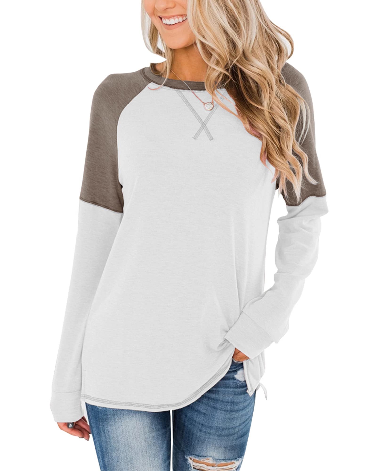 BingerlilyWomen's Casual Long Sleeve Tunic Tops Crew Neck Color Block Blouse