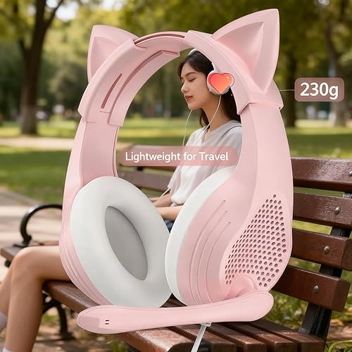 Miniatura 4 de GIME Pink Gaming Headset - Cute Cat Ears Wired Over Ear Headphones with Mic - Compatible with Xbox/PS4/ PS5/ PC Computer/Laptop/Phone