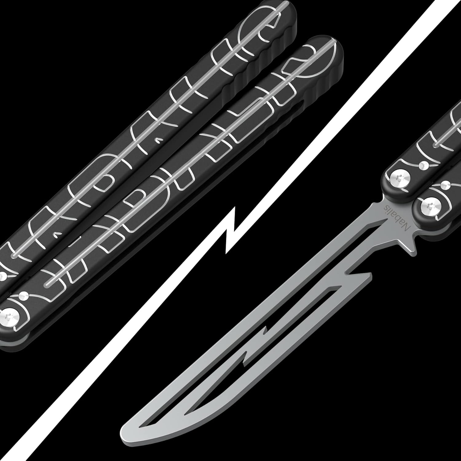 Nabalis Lightning Washer Systerm Butterfly Balisong Trainer, 6061 Aluminum Integral Channel Handle Zen Pins with non-slip lines, Unsharpened, for Practicing Flipping, Blunt Practice, No Edge Tool