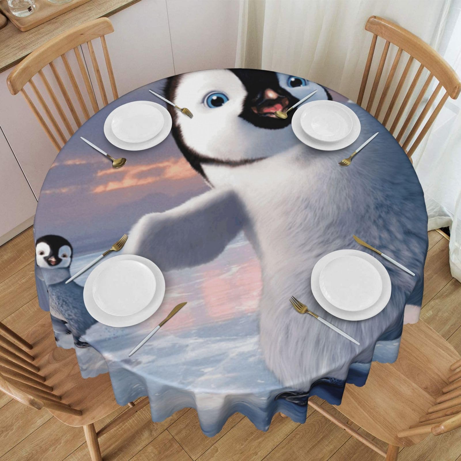 DCEHGEW 60 In Round Tablecloth with Lace, Happy Penguin Printed Oilproof & Washable Fabric Picnic Table Cloth Table Covers