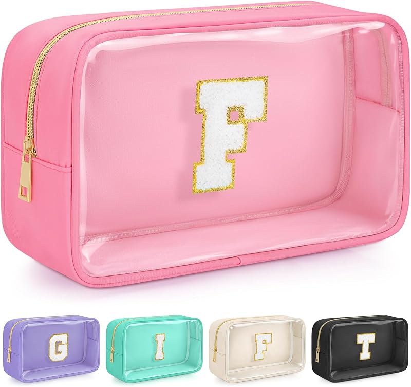 Necessaire de maquiagem WELIDAY com patch de chenille inicial F, zíper, rosa