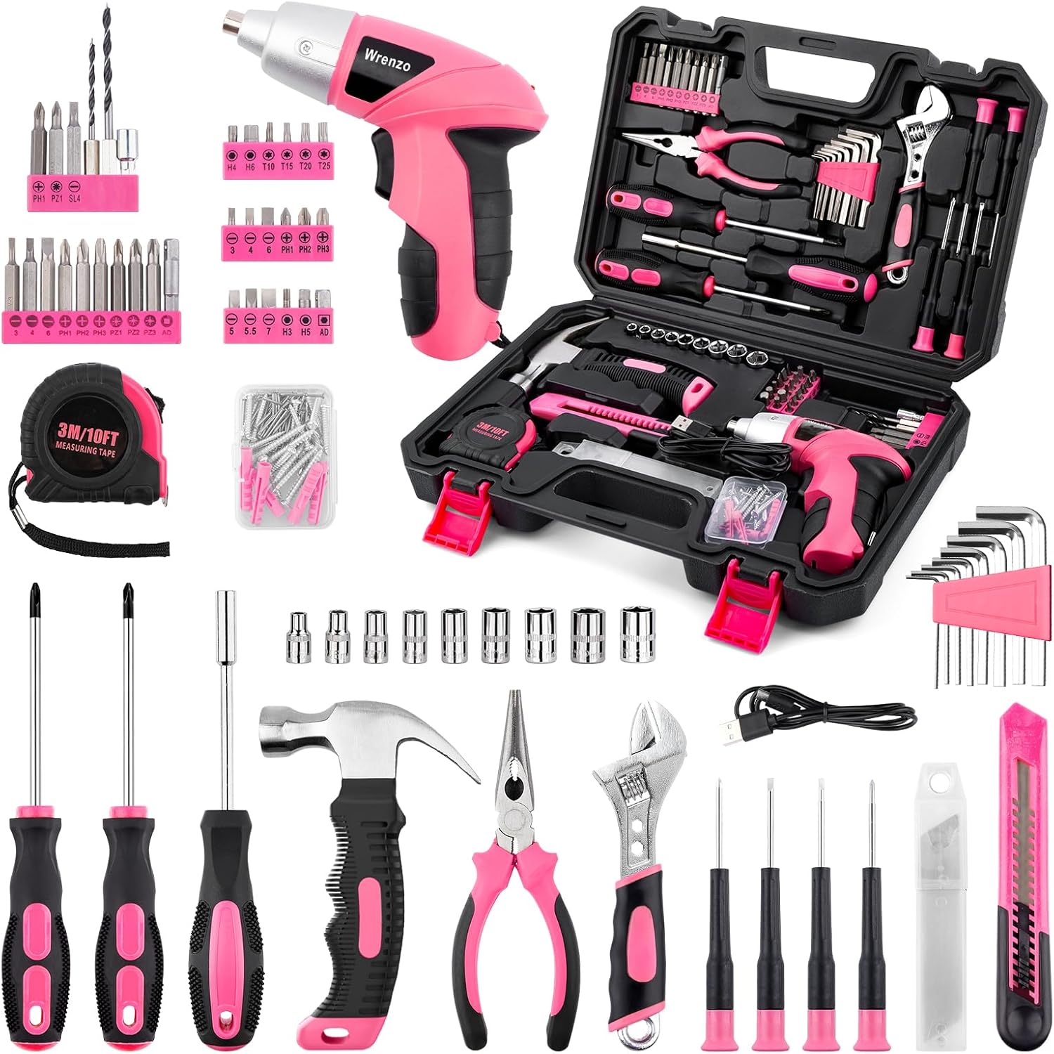 3.6V Pink Cordless Screwdriver Set, 151Pcs Home Tool Kit with Magnetic Bits & LED Light - Rechargeable Power Drill for Women DIY, USB-C Fast Charging​