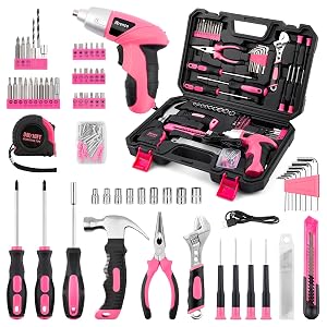 3 6V Pink Cordless Screwdriver Set 151Pcs Home Tool Kit with Magnetic Bits LED Light - Rechargeable Power