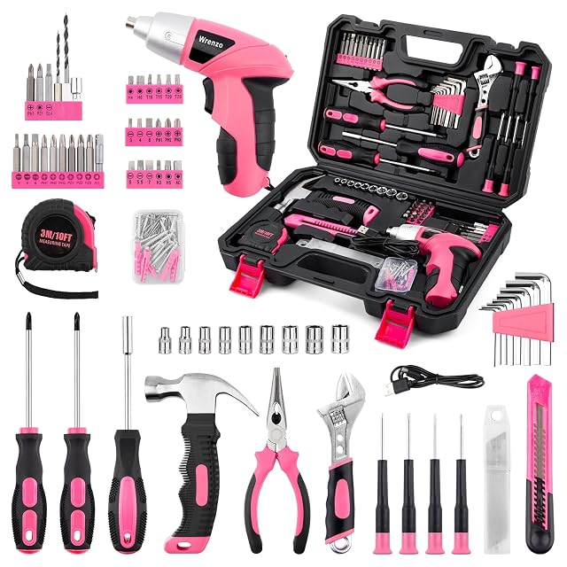 3 6V Pink Cordless Screwdriver Set 151Pcs Home Tool Kit with Magnetic Bits LED Light - Rechargeable Power