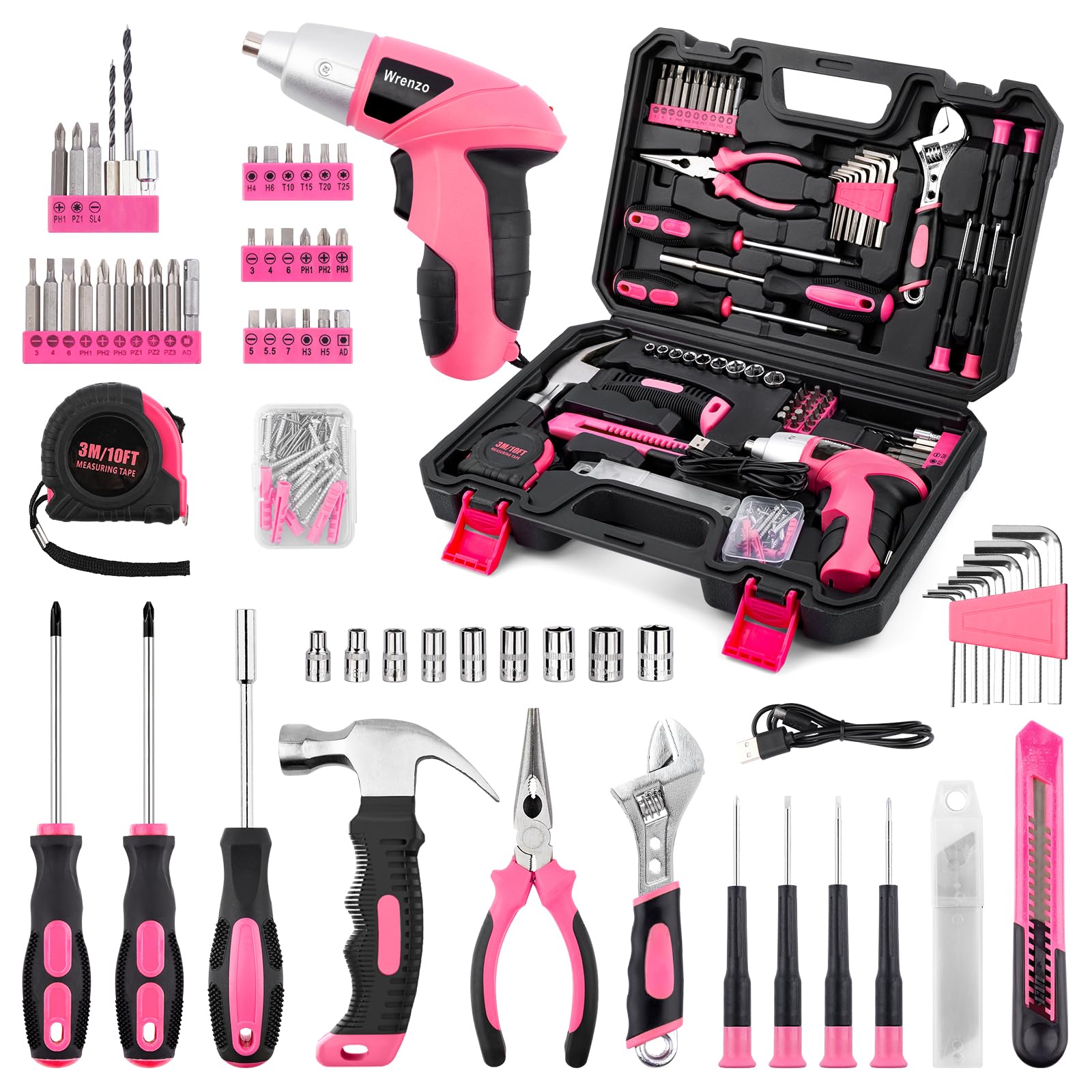 3 6V Pink Cordless Screwdriver Set 151Pcs Home Tool Kit with Magnetic Bits LED Light - Rechargeable Power