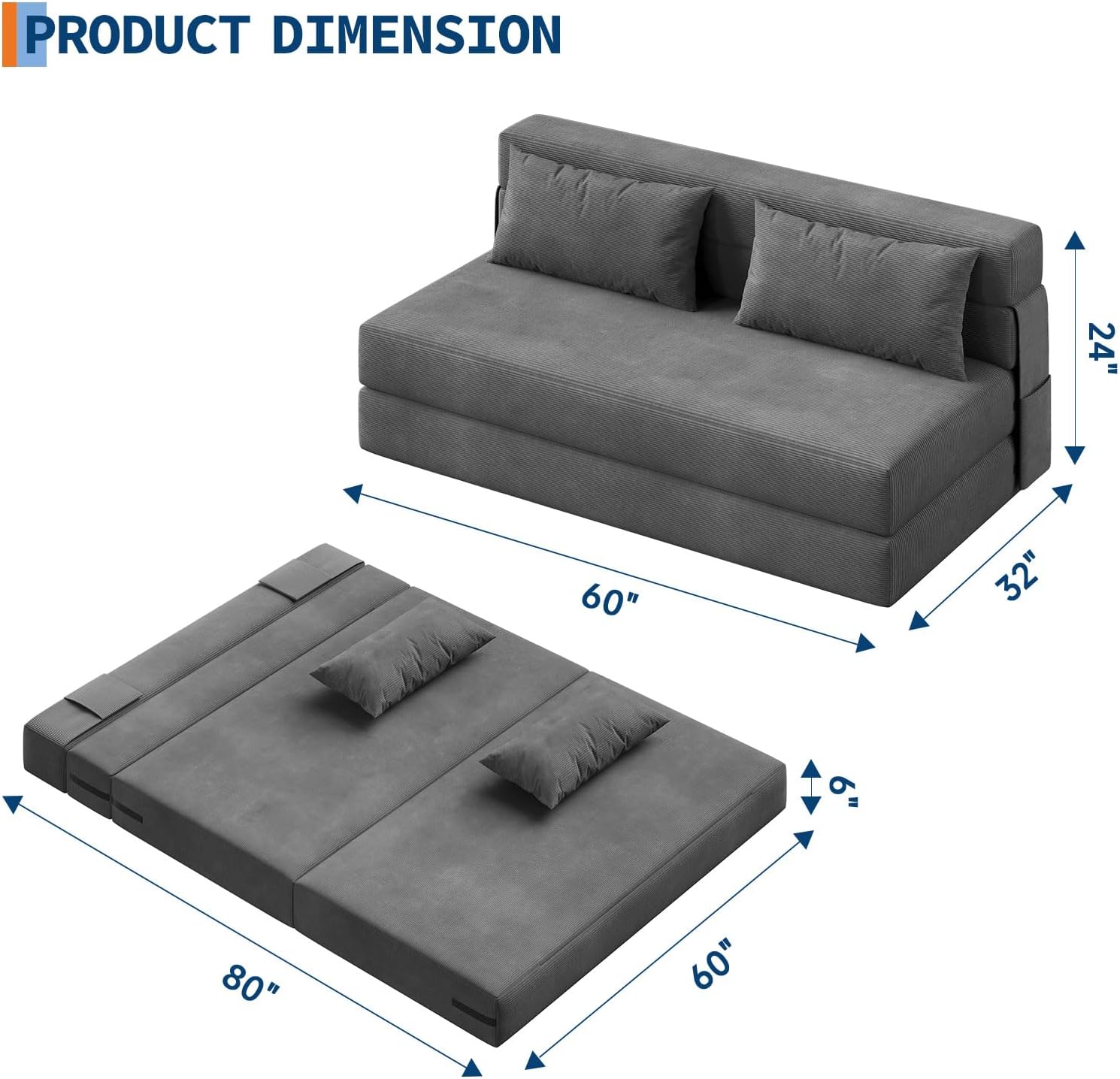  4-in-1 Folding Sofa Bed & Chair Bed - Convertible Sleeper, Fold Out Loveseat Sofa Couch with Pillow, Tufted Floor Lounge for Living Room, Bedroom, Guest Room, Dark Gray thumbnail