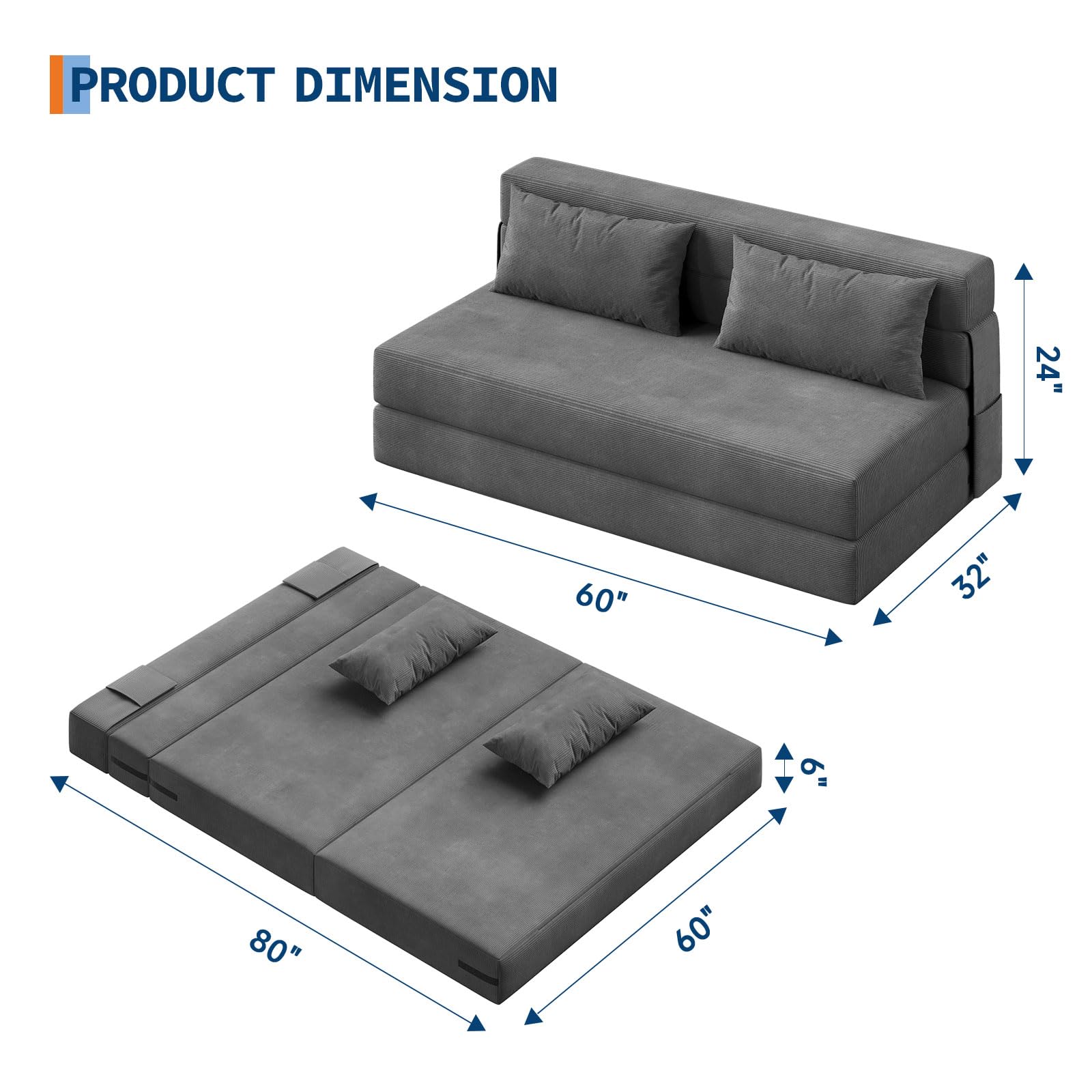 Canapé lit Convertible 2 Place en Velours Côtelé,2 in 1 Fauteuil lit Convertible avec 2 Oreillers,Housse Détachable Lavable,Canapé Paresseux/Chauffeuse 2 Place pour Chambre,Salon(200X150X15cm,Gris)