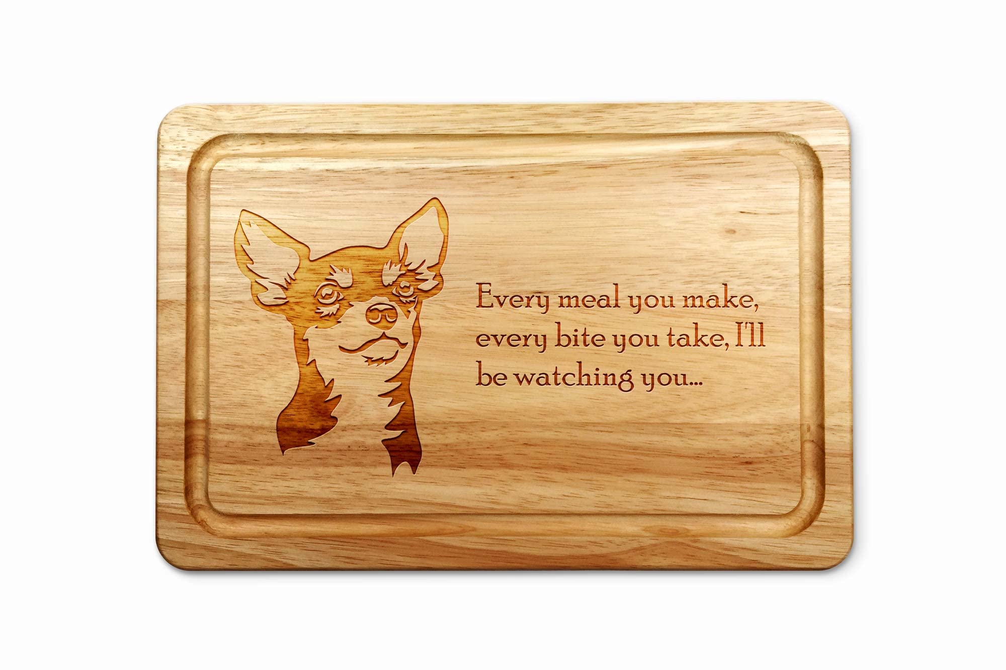 Hardwood Chopping Board with Chihuahua Dog Design - 30x20 cm Kitchen Cutting Board with Juice Groove - Gift Idea for Him or Her, Christmas & Birthdays - Made in The UK