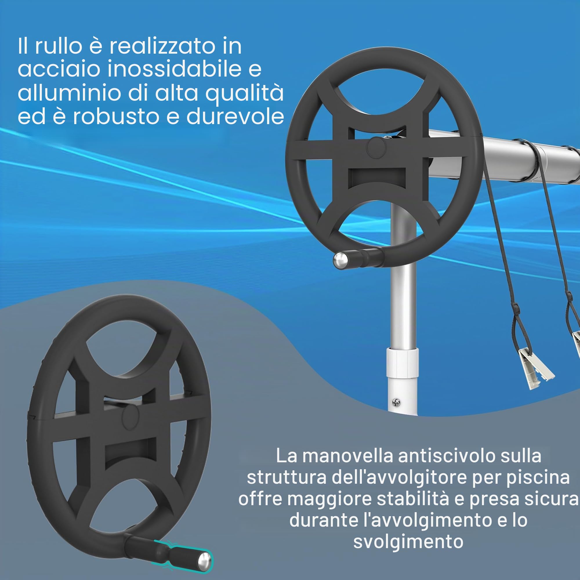 UISEBRT Avvolgitore per Piscina Mobile Avvolgitore per Pellicola di Piscina 3m - 5,70m per Telo di Piscina, Dispositivo di Avvolgimento per Pellicola di Piscina con Fascette di Fissaggio & Ruote