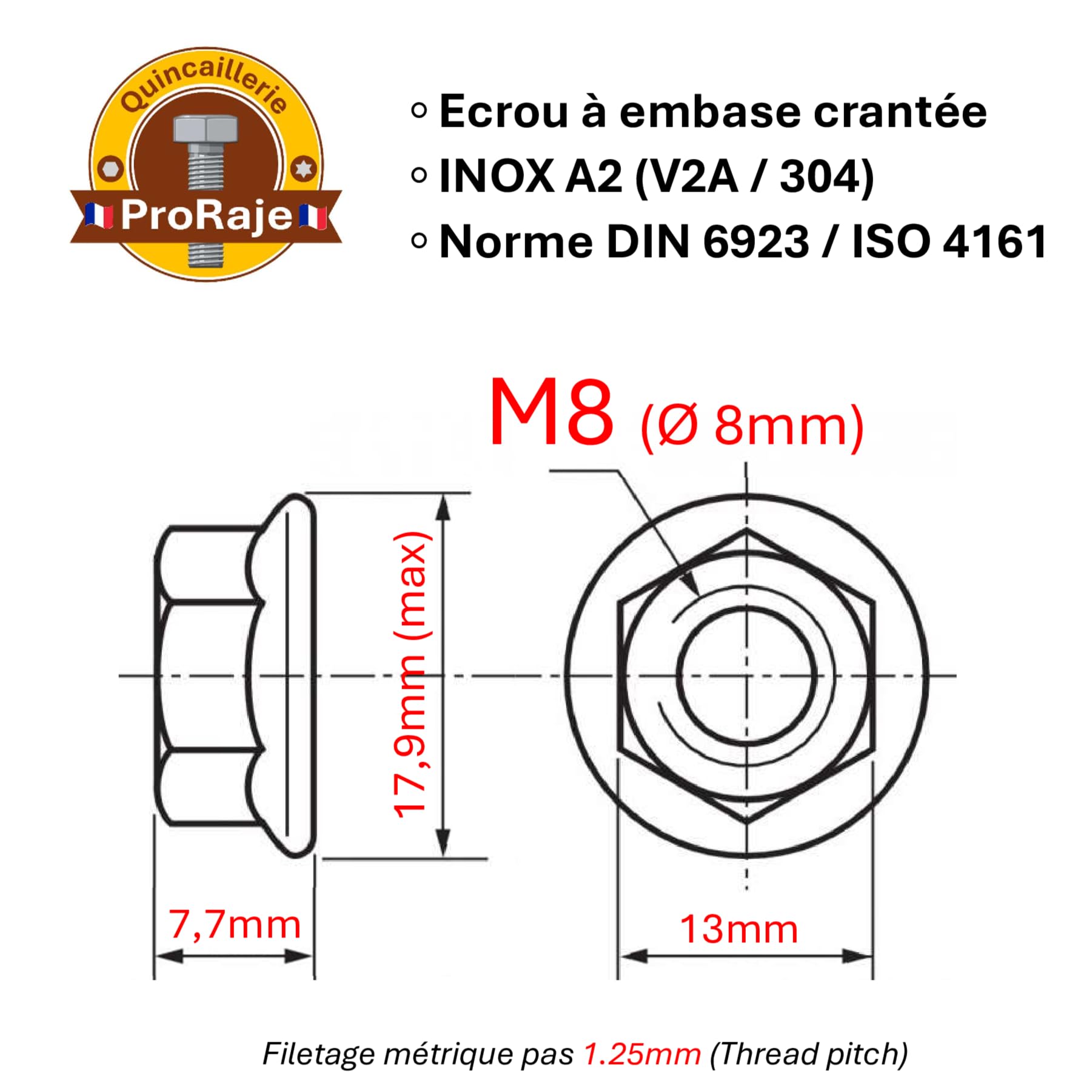 Dado in acciaio inox a base dentata M8 | dadi a flangia per viti Ø 8 mm | Autobloccante esagonale DIN 6923/ISO 4161 | Acciaio inossidabile A2 (V2A/304) Dado di sicurezza: Set di 100 pezzi - ProRaje