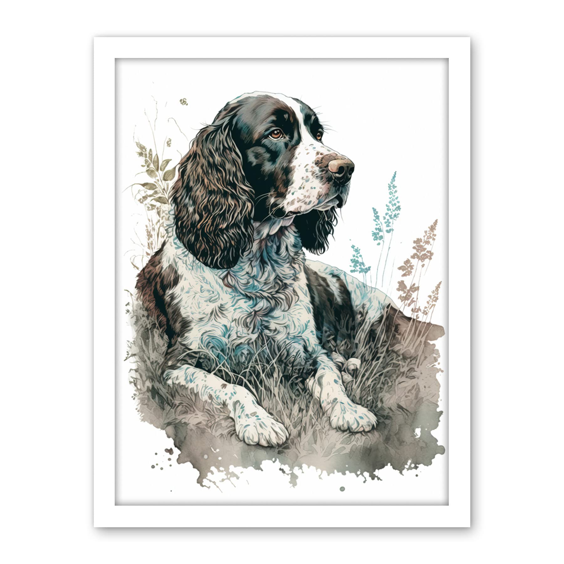 Artery8 English Springer Spaniel Dog Lying in Field Modern Watercolour Illustration Artwork Framed Wall Art Print 18X24 Inch