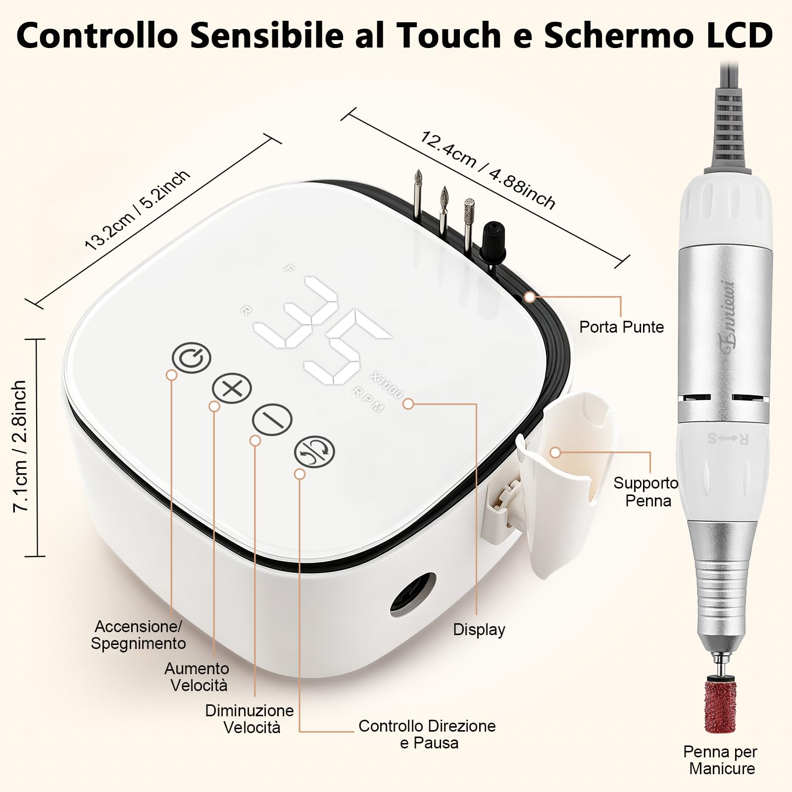 Fresa per Unghie Professionale 35000RPM, Fresa Unghie, Lima Per Unghie Elettrica, Display Digitale LED HD, Trapano Elettrico per Rimozione Gel/Smalto Bianco